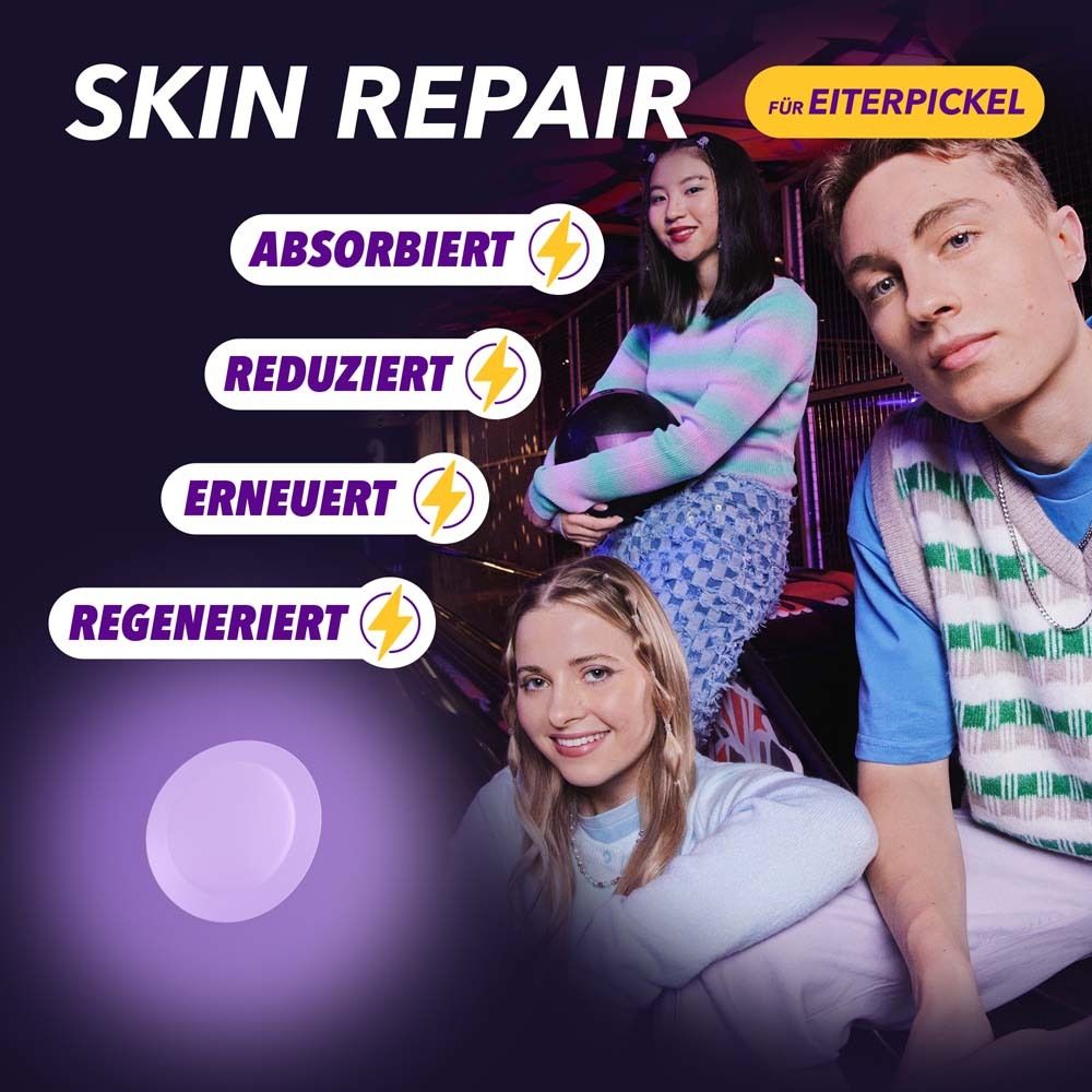 Skin Repair für Eiterpickel. Text und Abbildung eines Patches. Drei Personen im Hintergrund.