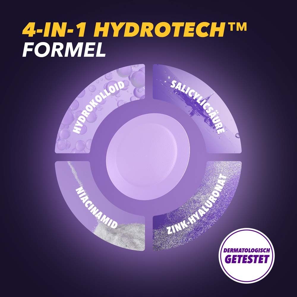 4-IN-1 HYDROTECH FORMEL. Grafik mit Inhaltsstoffen: Hydrokolloid, Niacinamid, Salicylsäure, Zink-Hyaluronat. Dermatologisch getestet.