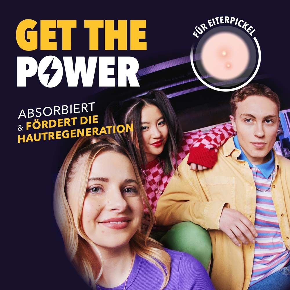 Drei Personen. Text: Get the Power. Benzacare Power Patch Skin Repair. Absorbiert & fördert die Hautregeneration.