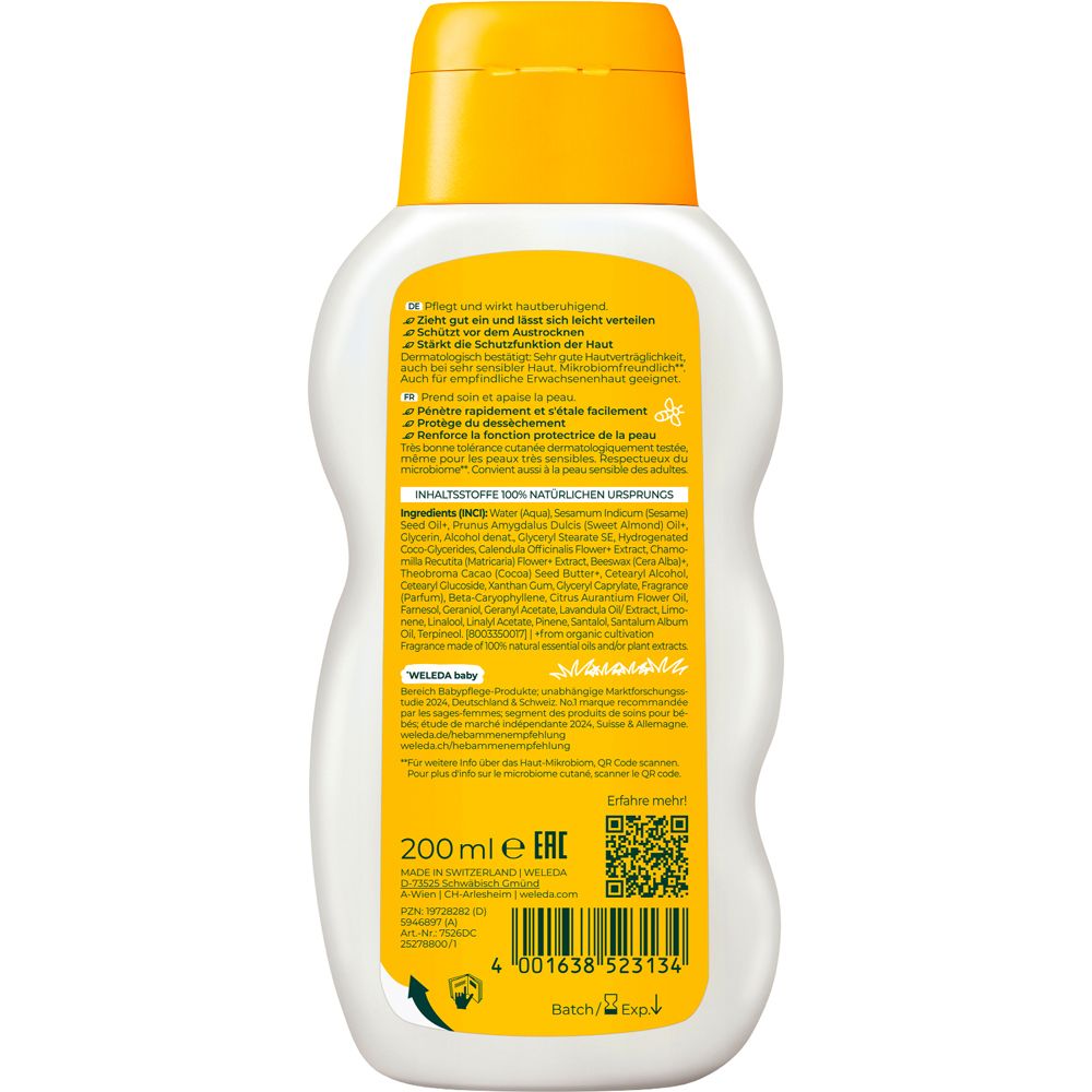 Rückseite der weißen Flasche. Text in mehreren Sprachen. Enthält Zutatenliste, QR-Code und Volumenangabe: 200 ml.