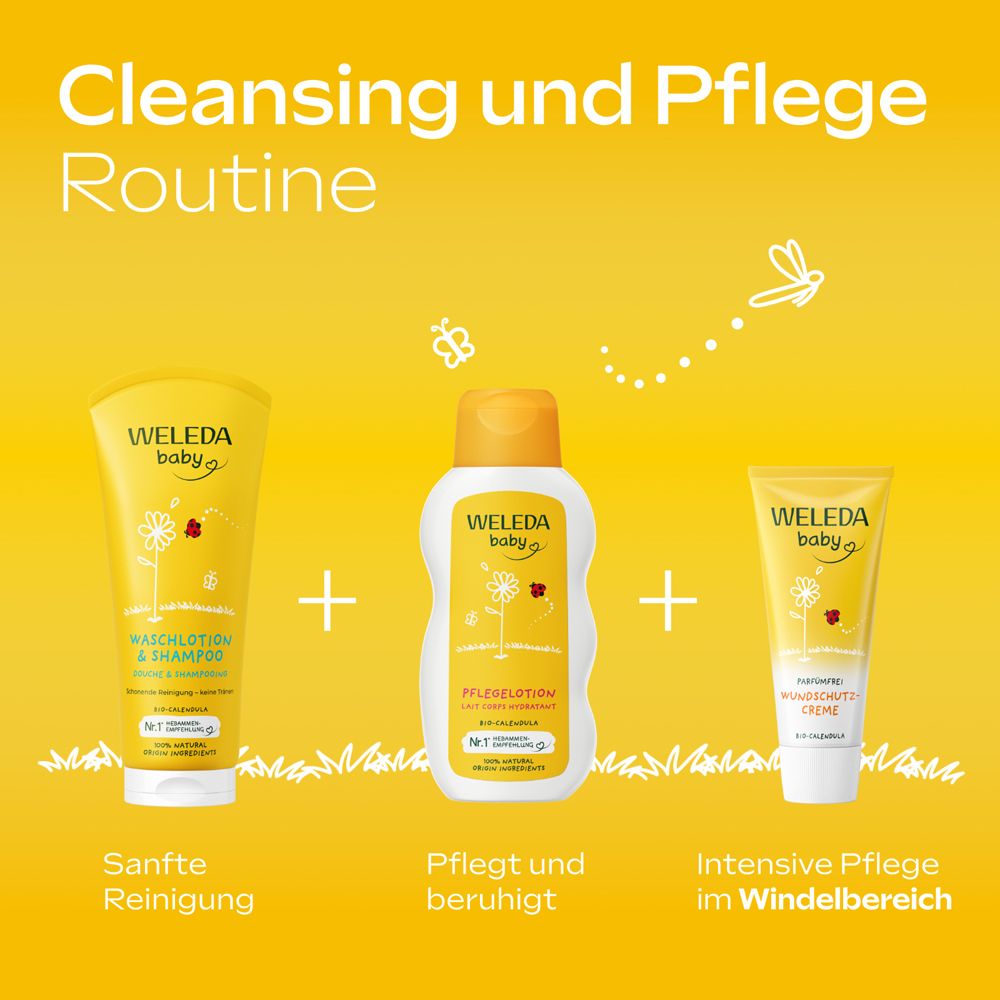 Drei gelbe Weleda Baby Produkte. Waschlotio & Shampoo, Pflegelotion und Wundschutz Creme. Aufschrift: Sanfte Reinigung, Pflegt und beruhigt, Intensive Pflege im Windelbereich.