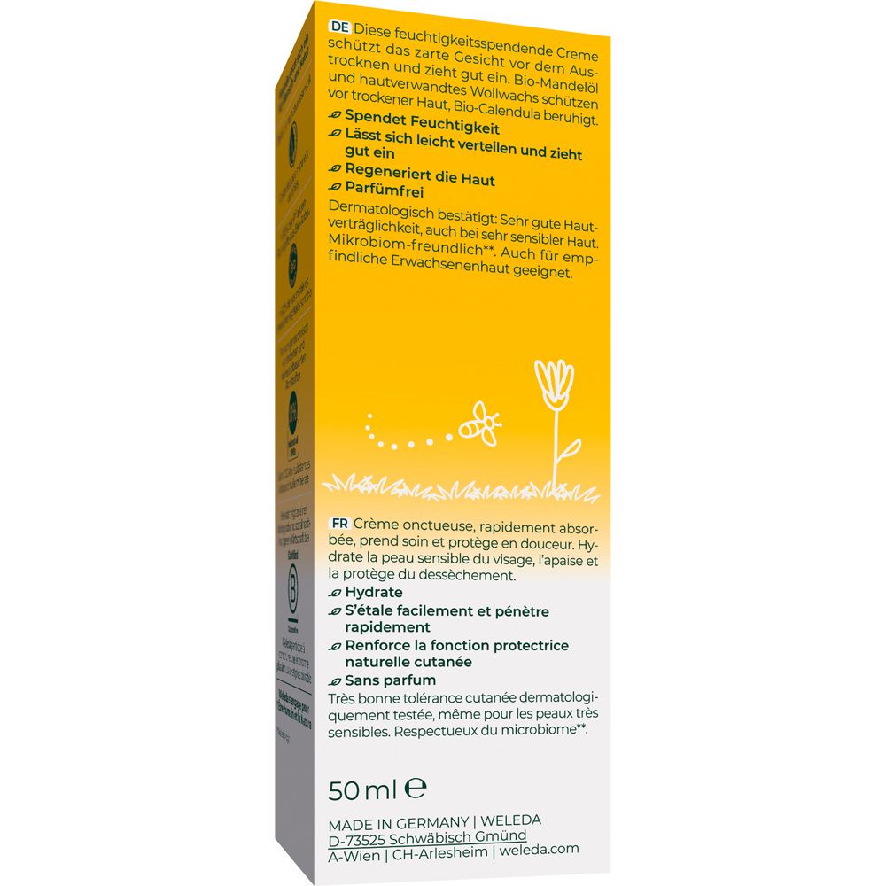 Rückseite der Creme-Tube. Text in Deutsch und Französisch. 50 ml. Herstellerangaben.