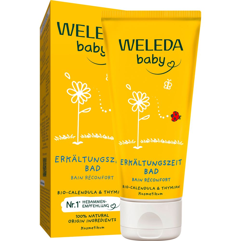 Gelbe Tube und Schachtel. Produkt: Weleda Baby Erkältungszeit Bad. Text: Bio-Calendula & Thymian.
