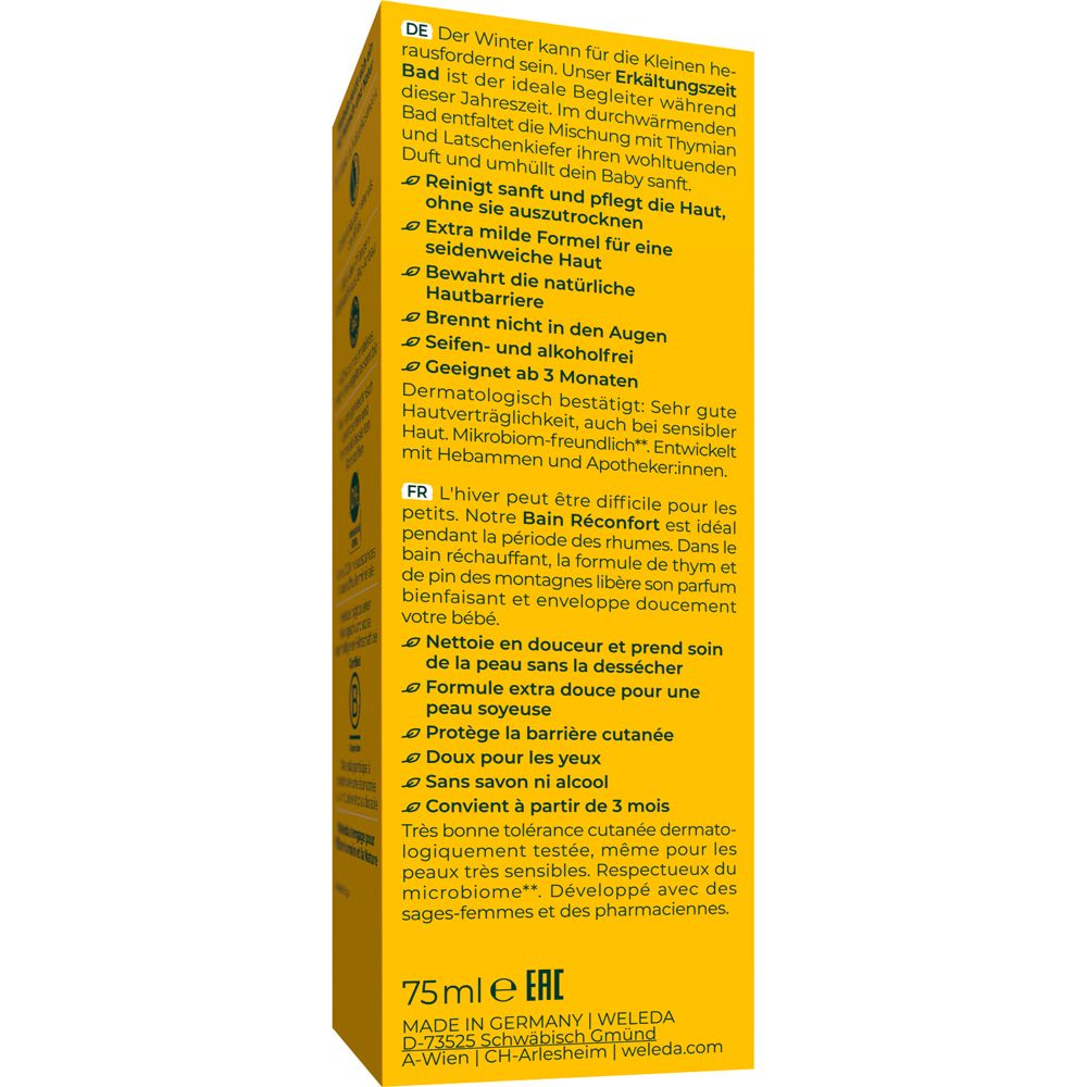 Gelbe Schachtel mit Text. Produkt: Weleda Baby Erkältungszeit Bad. Text in Deutsch und Französisch.