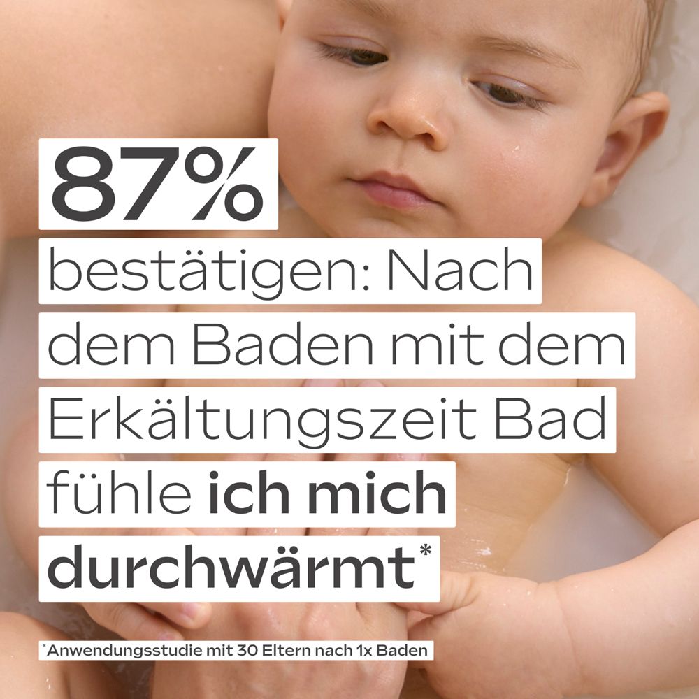 Baby im Bad. Text: 87% bestätigen: Nach dem Baden fühle ich mich durchwärmt. Anwendung mit 30 Eltern.