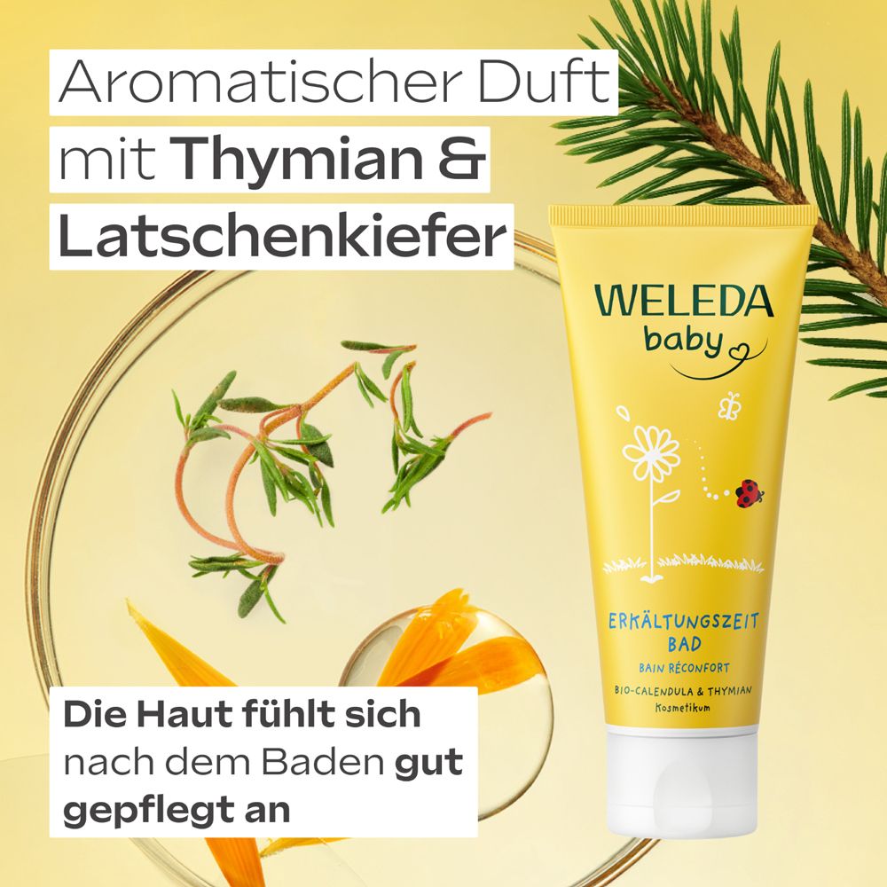 Gelbe Tube und Kräuter. Text: Aromatischer Duft mit Thymian & Latschenkiefer. Die Haut fühlt sich gut gepflegt an.