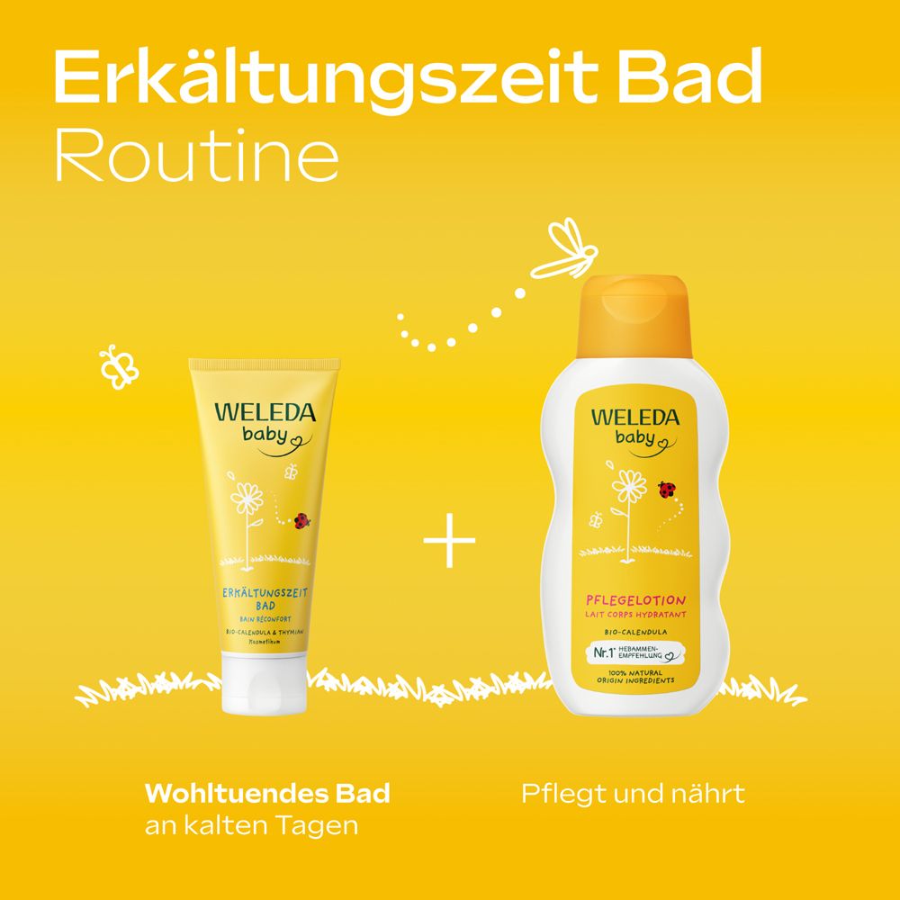 Zwei Produkte auf gelbem Hintergrund. Text: Erkältungszeit Bad und Pflegelotion. Wohltuendes Bad an kalten Tagen.