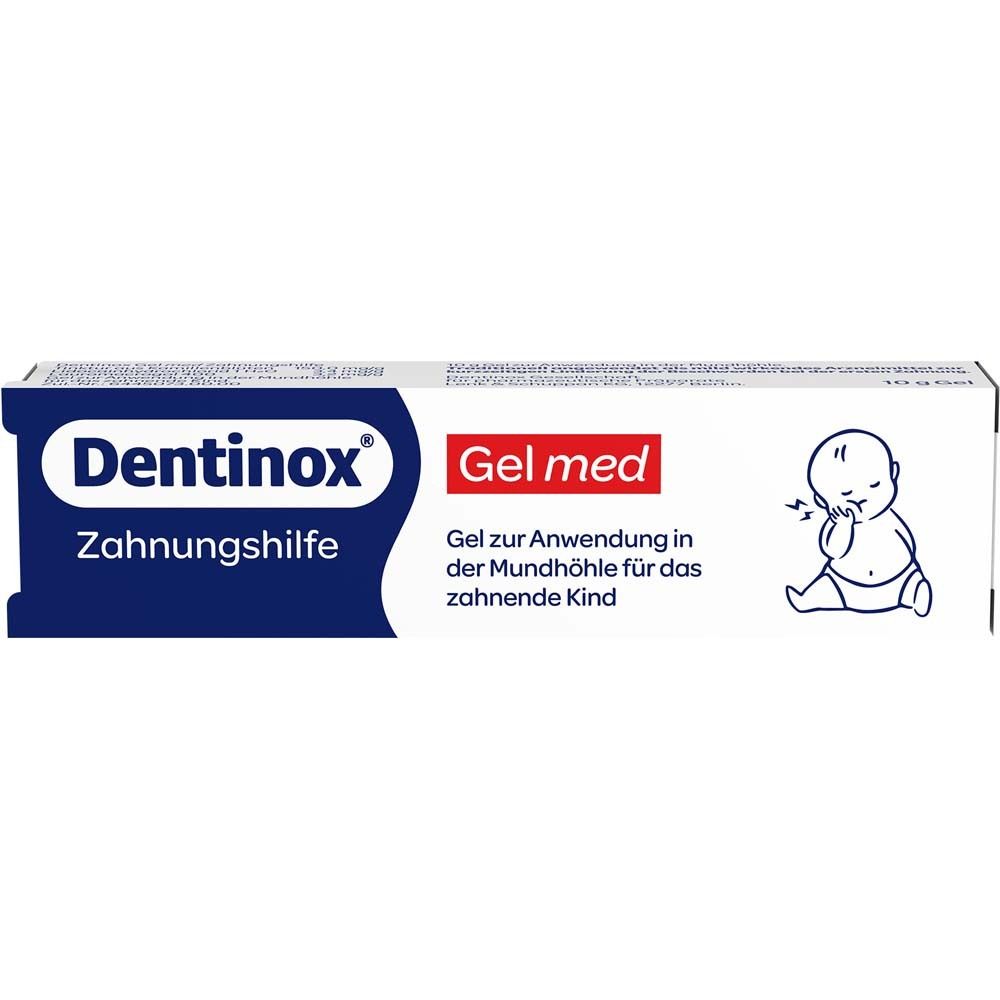 Tube Dentinox Gel med Zahnungshilfe. Weiß-blau. Text: Gel zur Anwendung in der Mundhöhle für das zahnende Kind. 10 g.