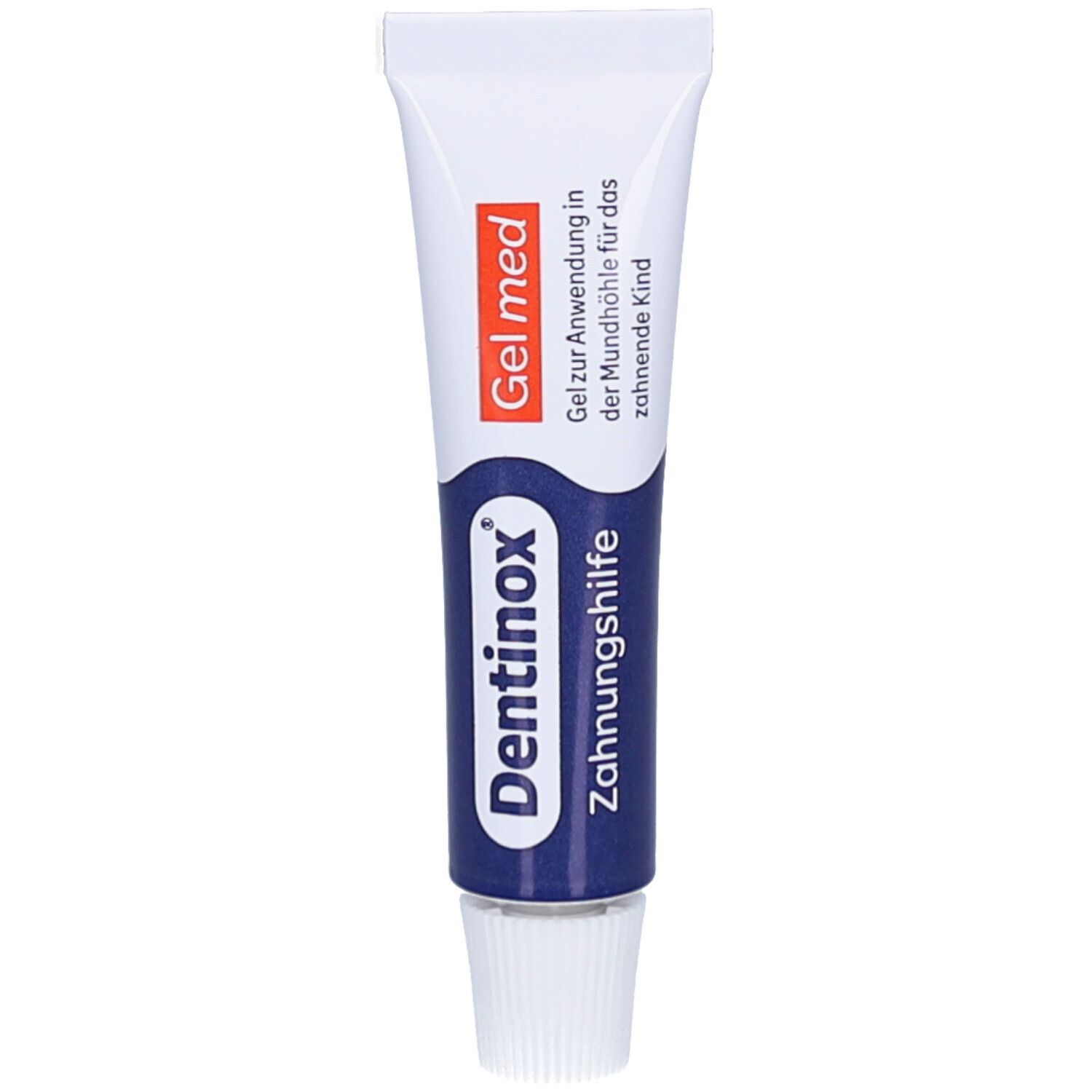 Tube mit Dentinox Gel med Zahnungshilfe. Weiß-blaue Farbgebung. Produktname und Anwendungsbereich aufgedruckt.