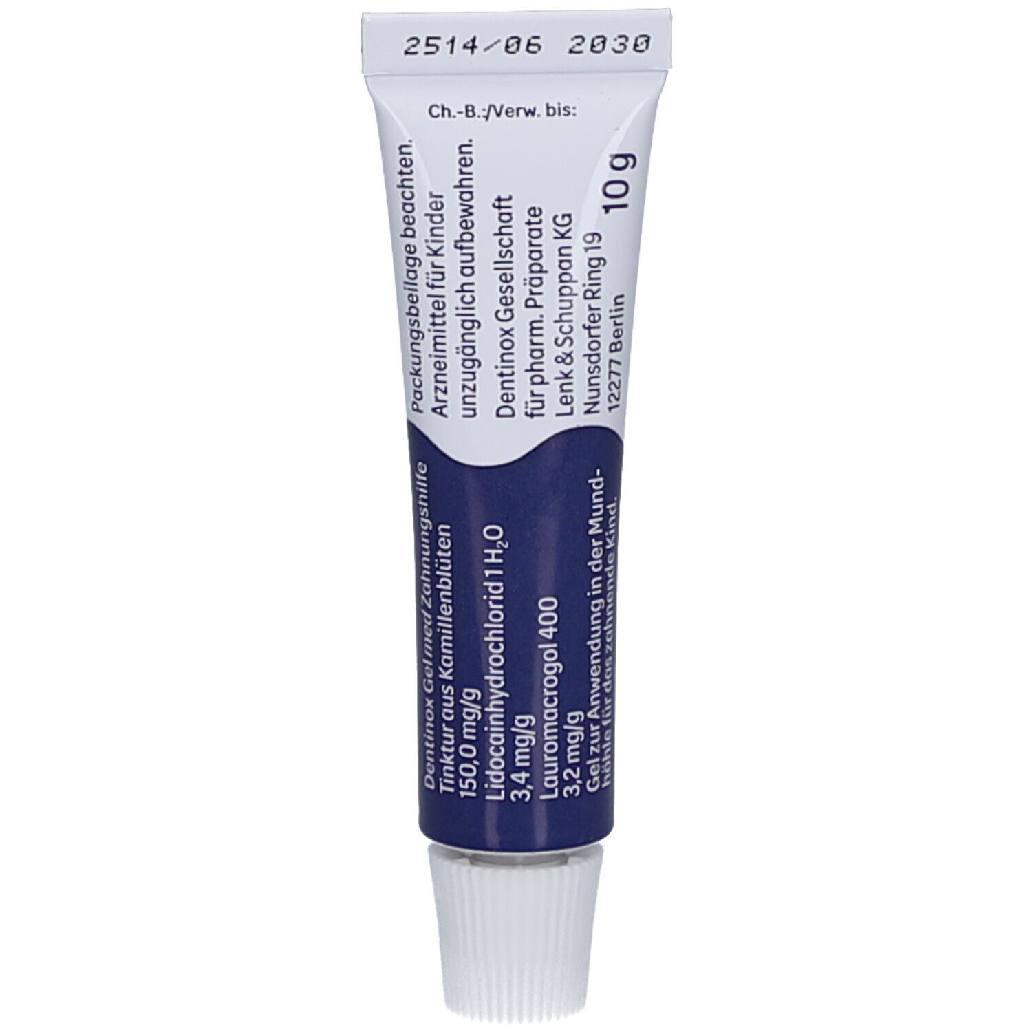 Rückseite der Tube Dentinox Gel med Zahnungshilfe. Enthält Inhaltsstoffe, Dosierung und Herstellerinformationen.