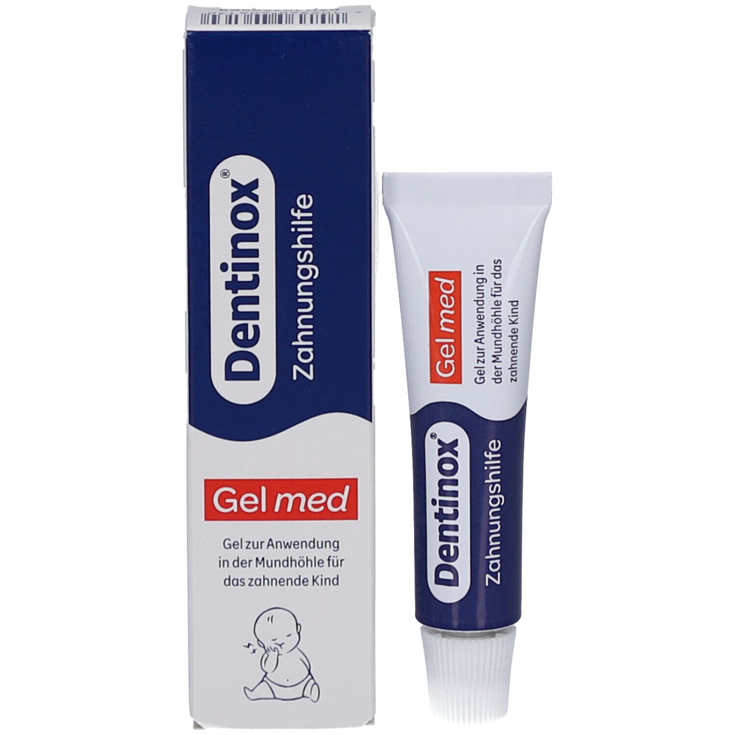 Dentinox Gel med Zahnungshilfe Tube und Verpackung. Tube neben der Schachtel. Produktname und Logo sichtbar.
