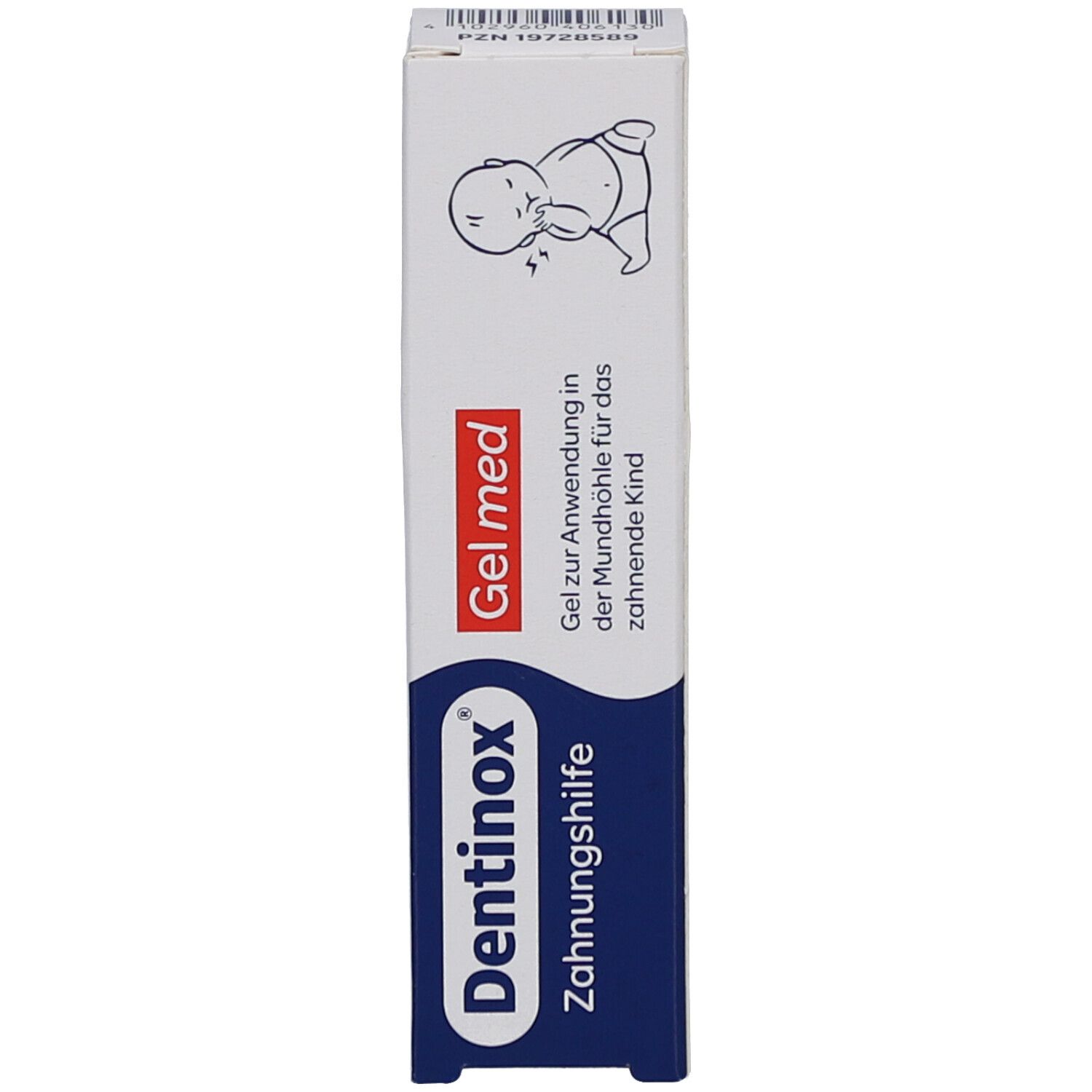 Verpackung von Dentinox Gel med Zahnungshilfe. Baby-Illustration. Produktname und Anwendungsbereich.