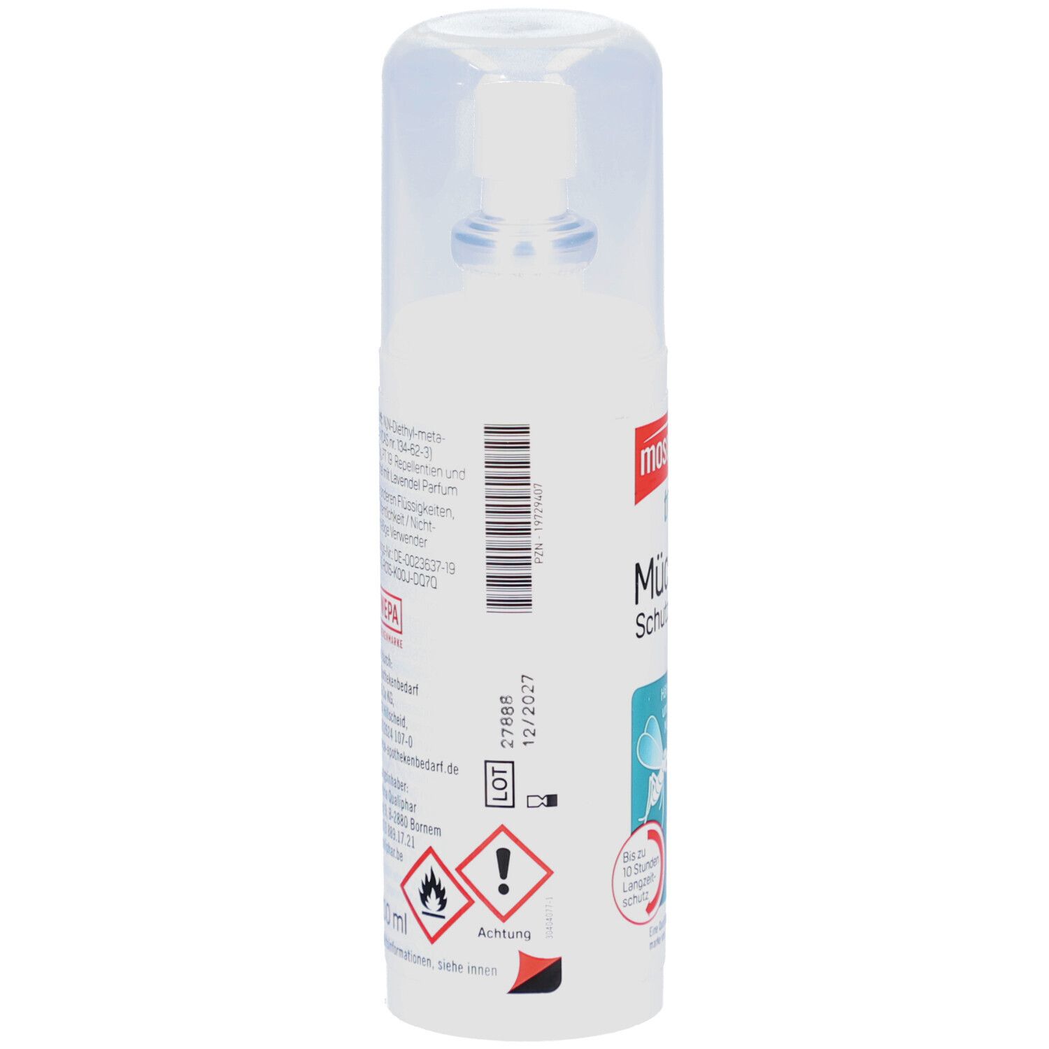 Rückseite der Sprayflasche. Barcode, Chargennummer und Verfallsdatum. Gefahrensymbole: Flamme, Ausrufezeichen. Enthält 75 ml.