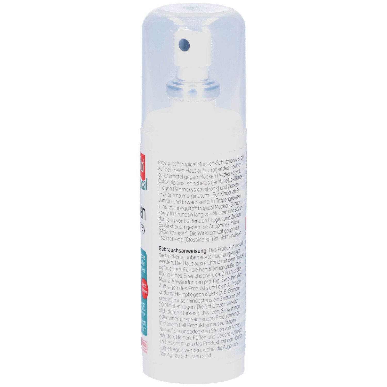 Rückseite der Sprayflasche. Gebrauchsanweisung und Inhaltsstoffe. Gefahrensymbol: Flamme. Enthält 100 ml.