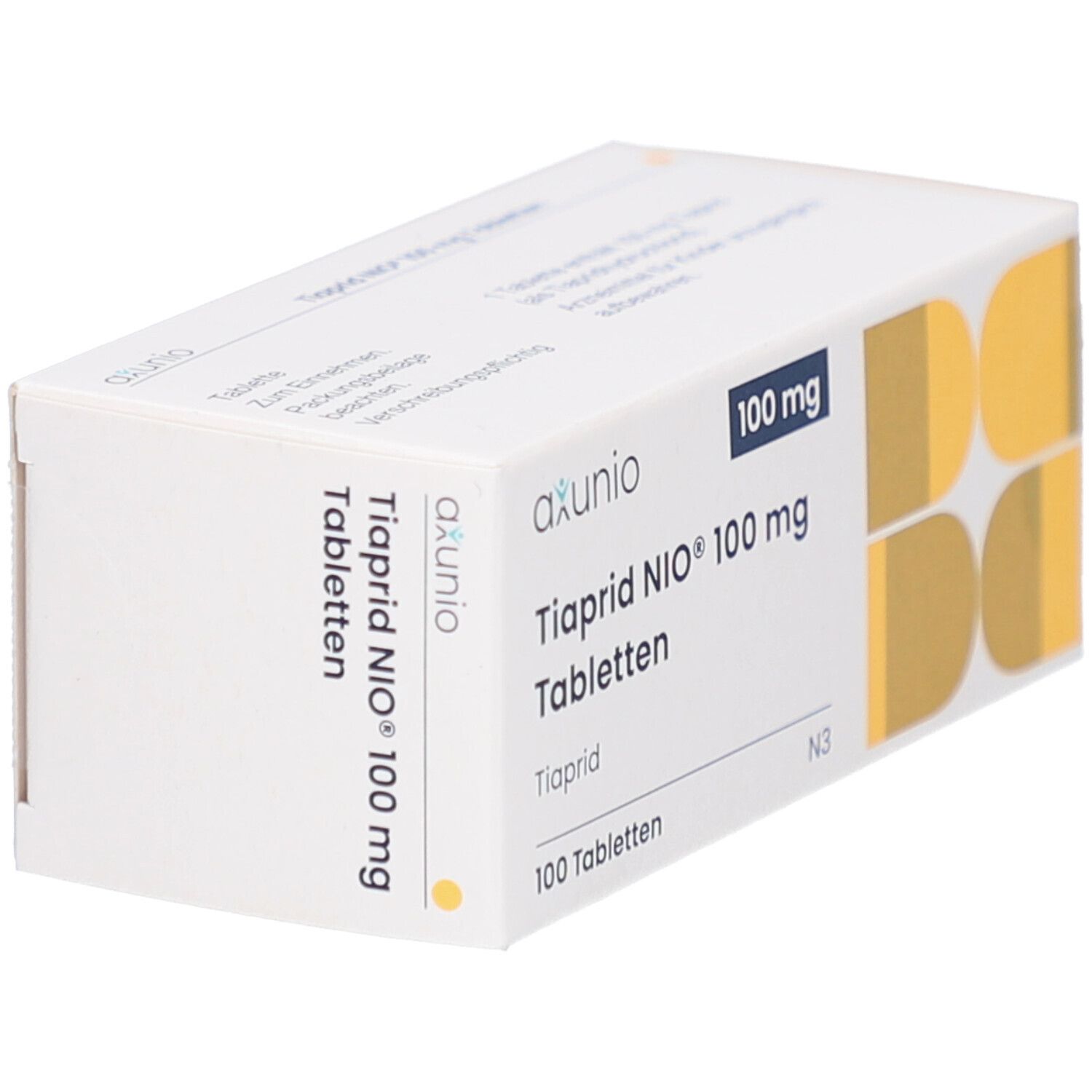 Schachtel mit TIAPRID NIO 100 mg Tabletten. Aufschrift: axunio, 100 mg, 100 Tabletten. Gelbe und weiße Farbgebung.