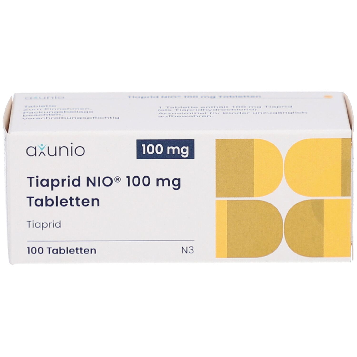 Schachtel mit TIAPRID NIO 100 mg Tabletten. Aufschrift: axunio, 100 mg, 100 Tabletten. Gelbe und weiße Farbgebung.