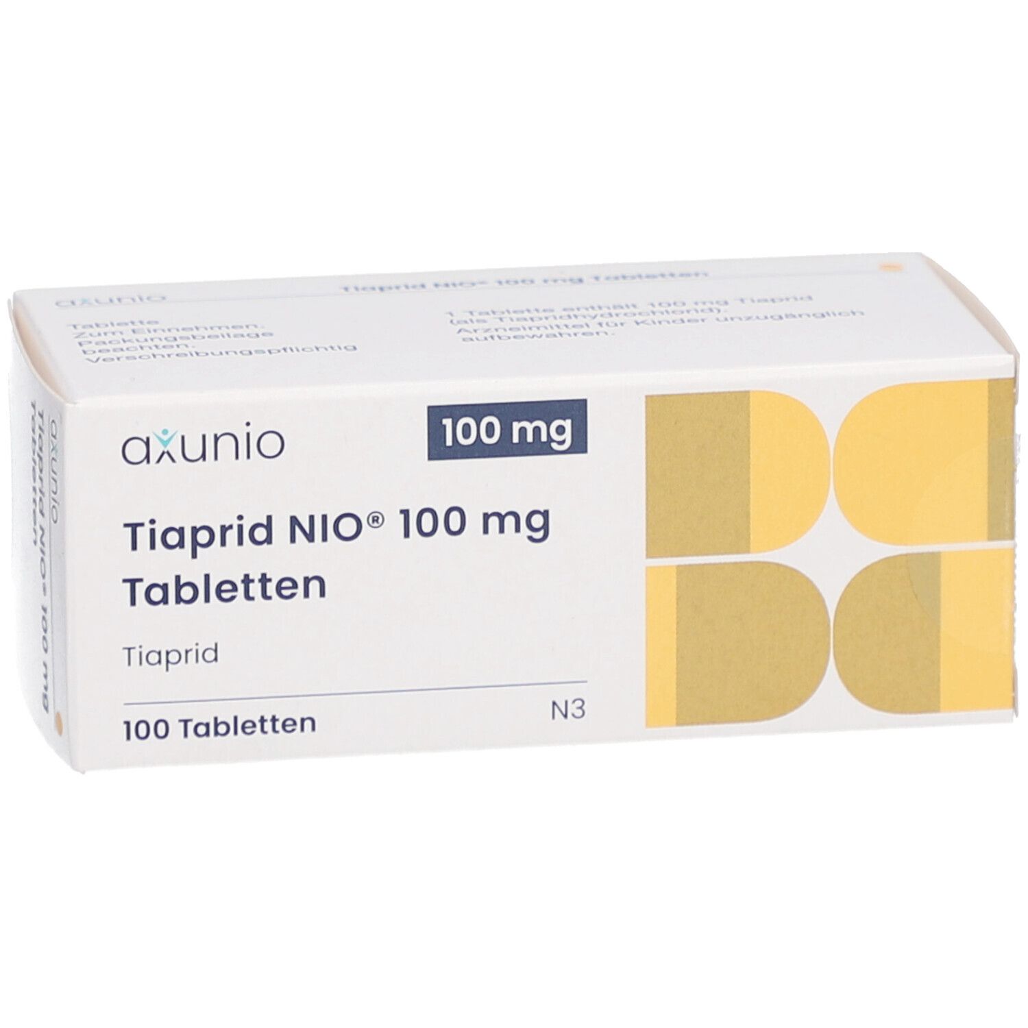 Schachtel mit TIAPRID NIO 100 mg Tabletten. Aufschrift: axunio, 100 mg, 100 Tabletten. Gelbe und weiße Farbgebung.