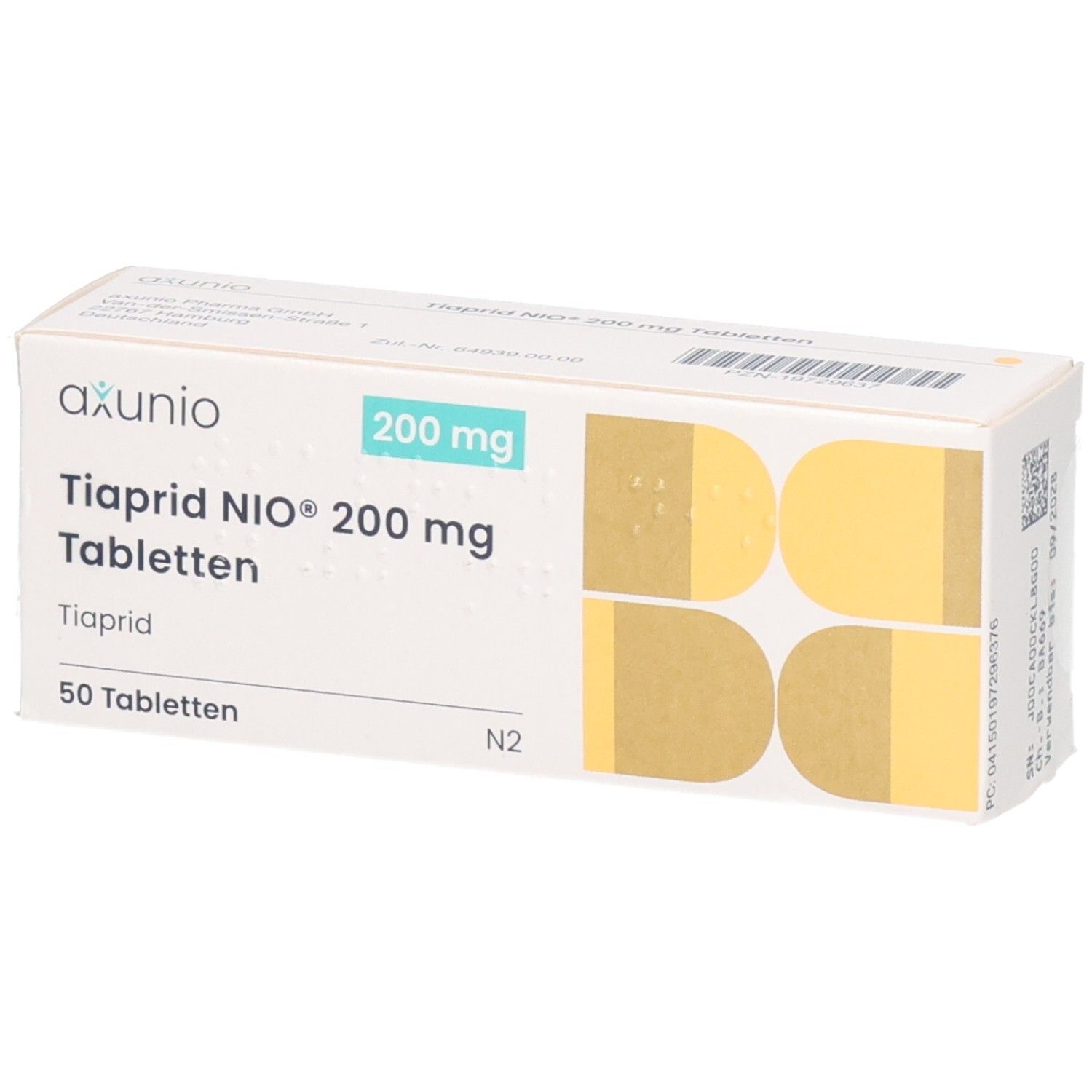 Schachtel mit TIAPRID NIO 200 mg Tabletten. Aufschrift: axunio, 200 mg, 50 Tabletten. Gelbe und weiße Elemente.