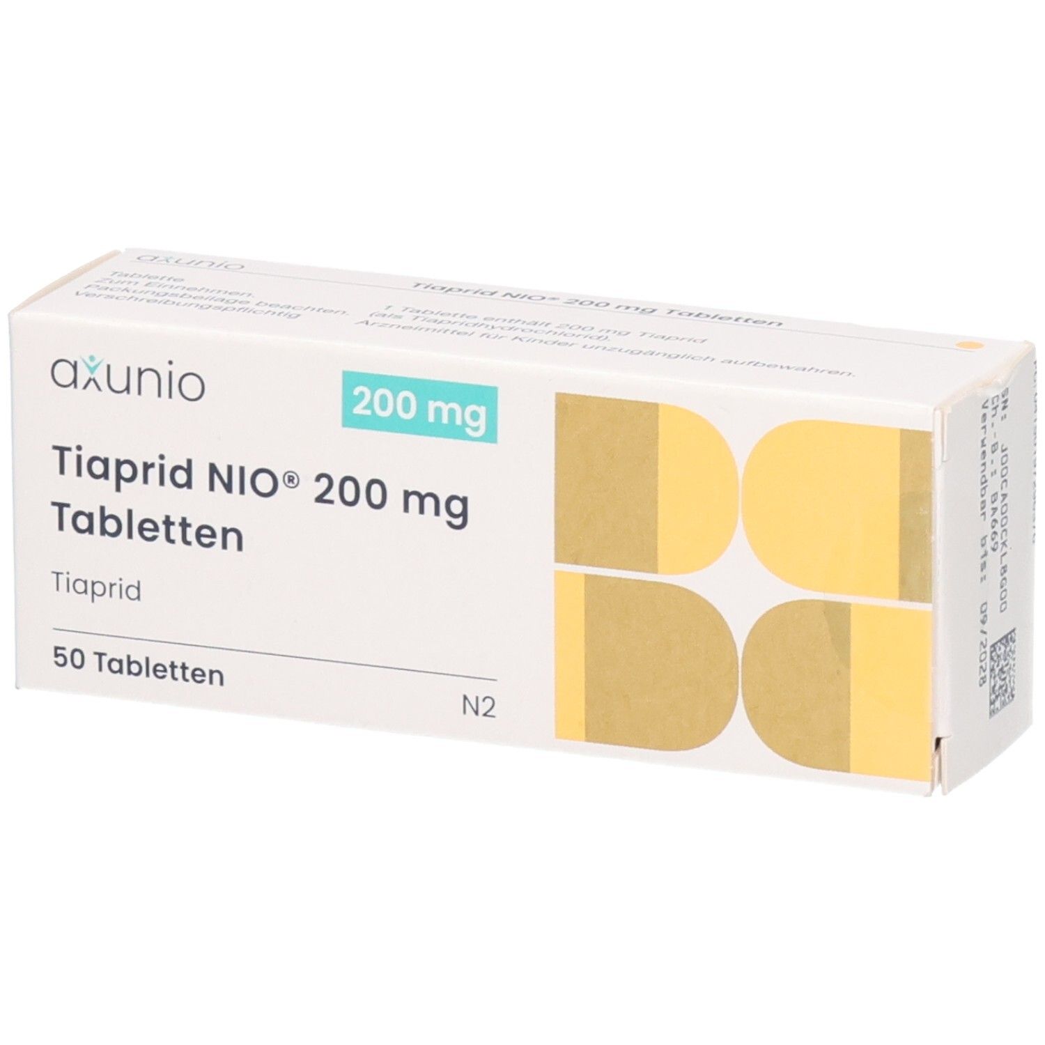Schachtel mit TIAPRID NIO 200 mg Tabletten. Aufschrift: axunio, 200 mg, 50 Tabletten. Perspektivische Ansicht.