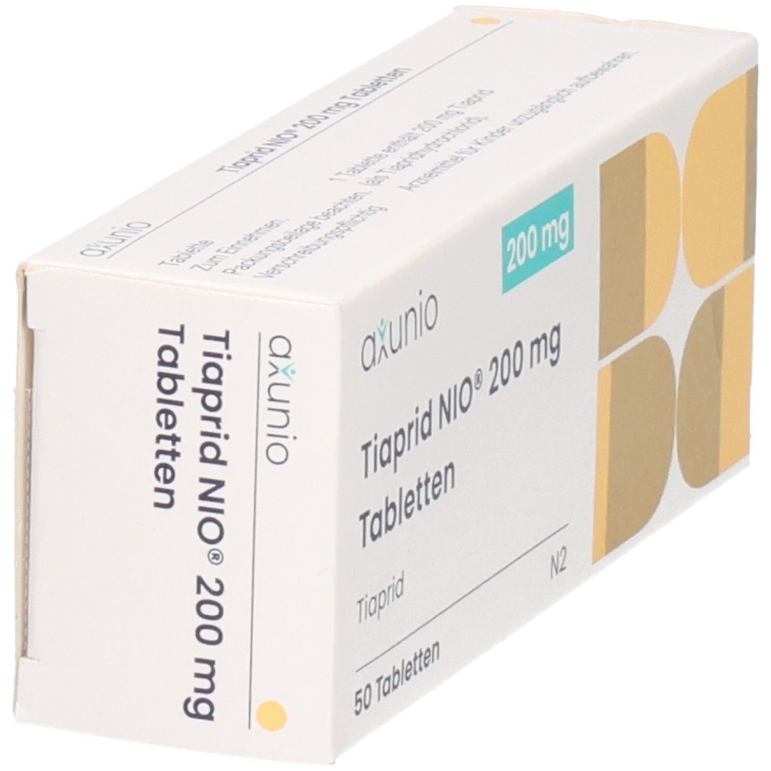 Schachtel mit TIAPRID NIO 200 mg Tabletten. Aufschrift: axunio, 200 mg, 50 Tabletten. Schräge Ansicht.