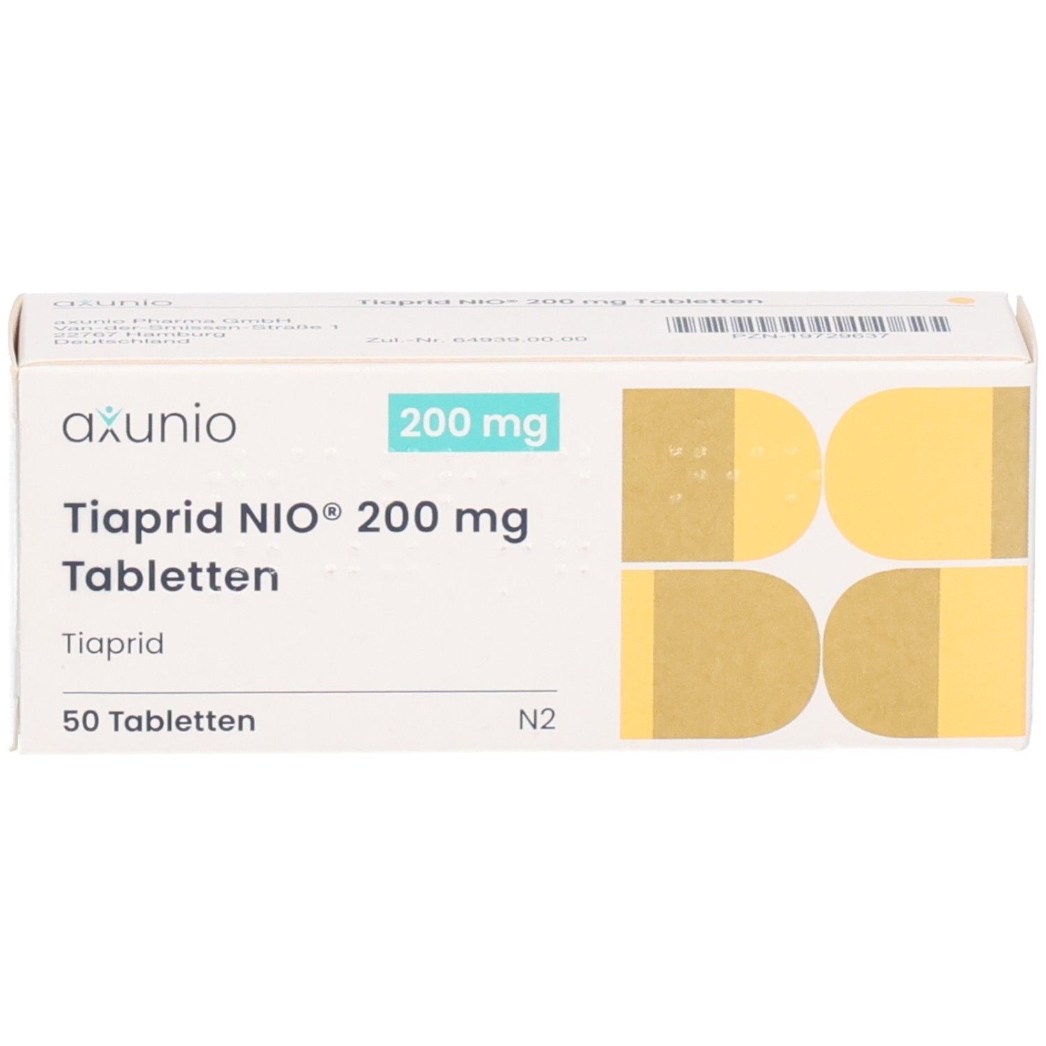 Schachtel mit TIAPRID NIO 200 mg Tabletten. Aufschrift: axunio, 200 mg, 50 Tabletten. Draufsicht.