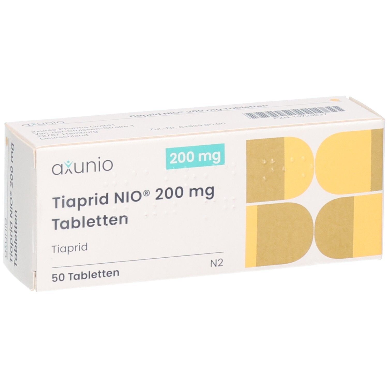 Schachtel mit TIAPRID NIO 200 mg Tabletten. Aufschrift: axunio, 200 mg, 50 Tabletten. Ansicht schräg.