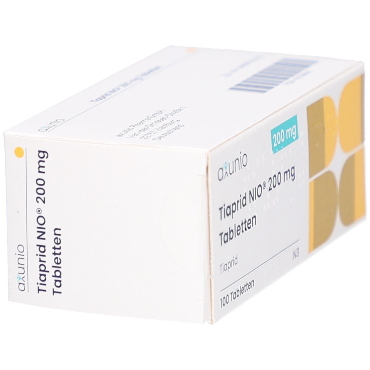 Schachtel mit TIAPRID NIO 200 mg Tabletten. Aufschrift: axunio, 200 mg, 100 Tabletten. Schräge Ansicht.