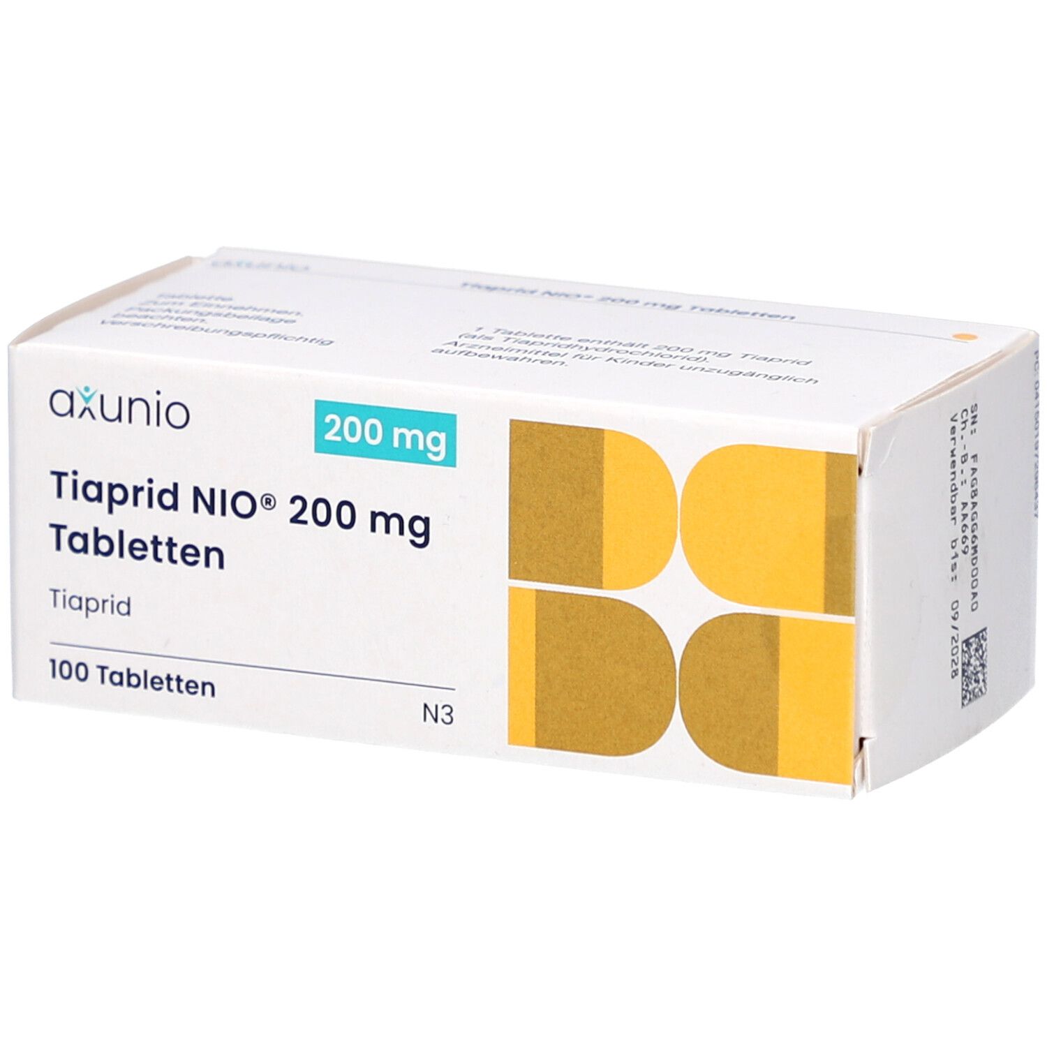 Schachtel mit TIAPRID NIO 200 mg Tabletten. Aufschrift: axunio, 200 mg, 100 Tabletten. Gelbe und weiße Farbgebung.