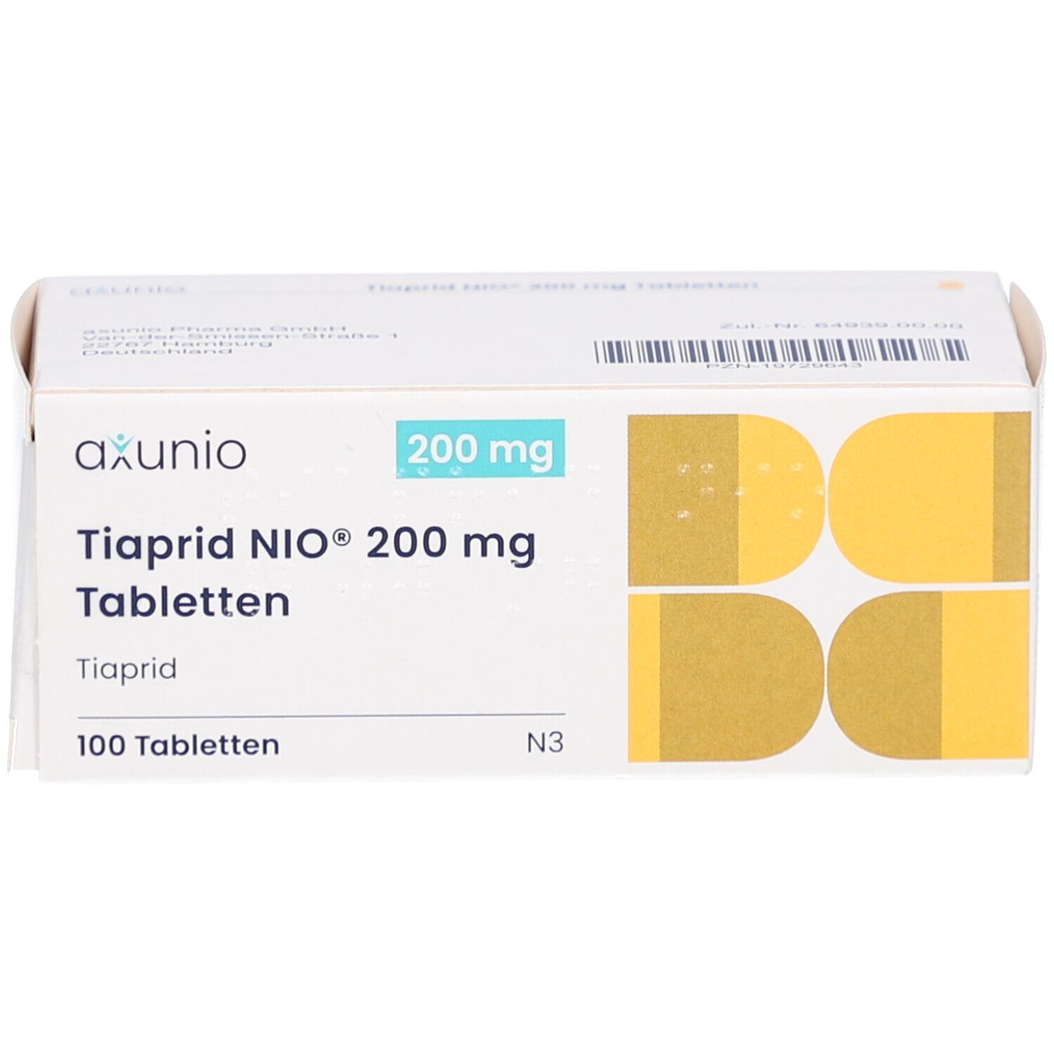 Schachtel mit TIAPRID NIO 200 mg Tabletten. Aufschrift: axunio, 200 mg, 100 Tabletten. Gelbe und weiße Farbgebung.