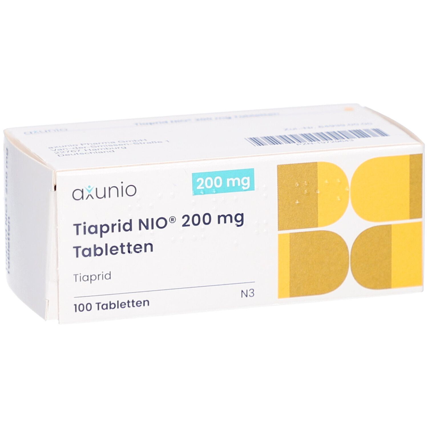 Schachtel mit TIAPRID NIO 200 mg Tabletten. Aufschrift: axunio, 200 mg, 100 Tabletten. Gelbe und weiße Farbgebung.
