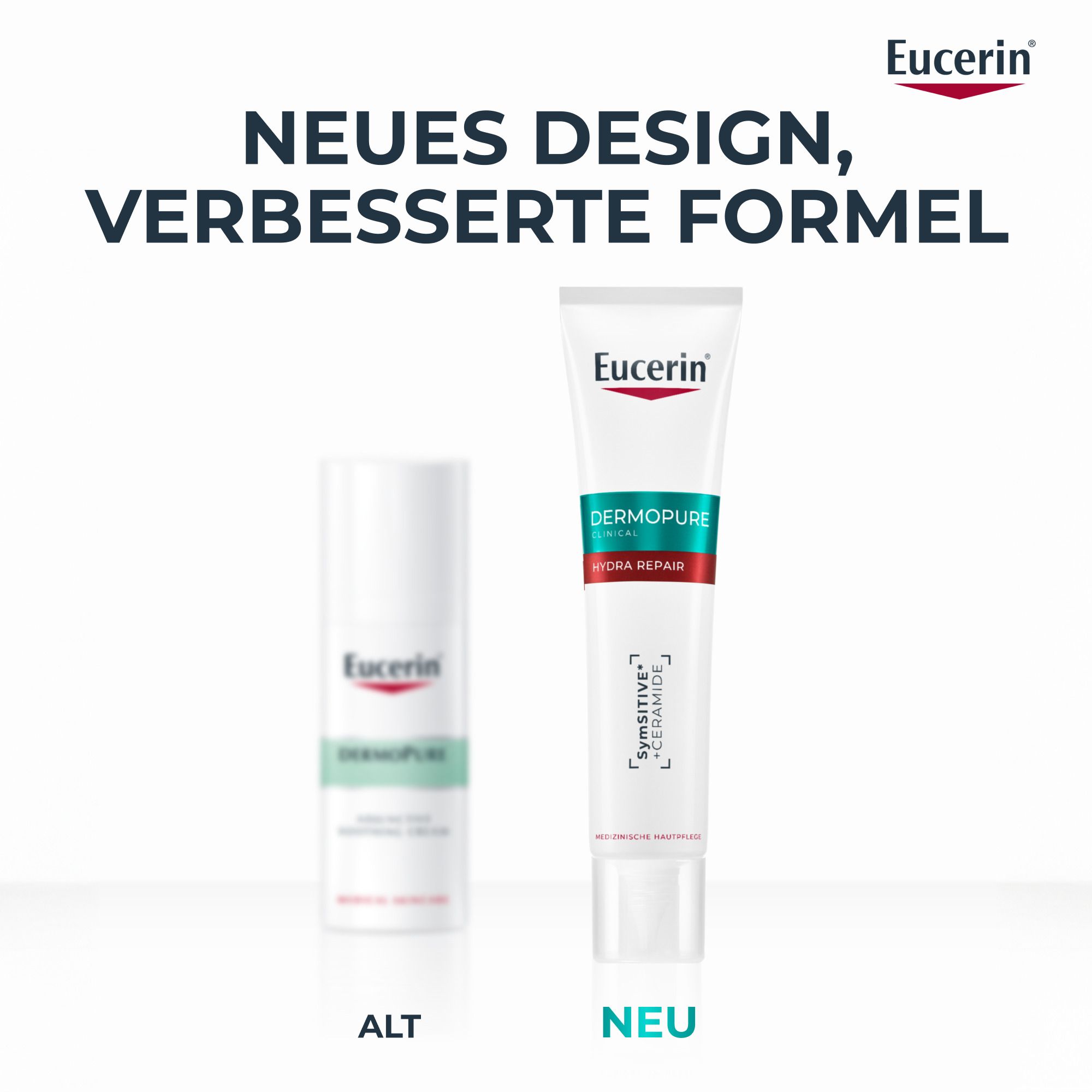 Vergleich von zwei Eucerin® DERMOPURE CLINICAL Hydra Repair Cremes. Links: Alt. Rechts: Neu. Text: Neues Design, verbesserte Formel.
