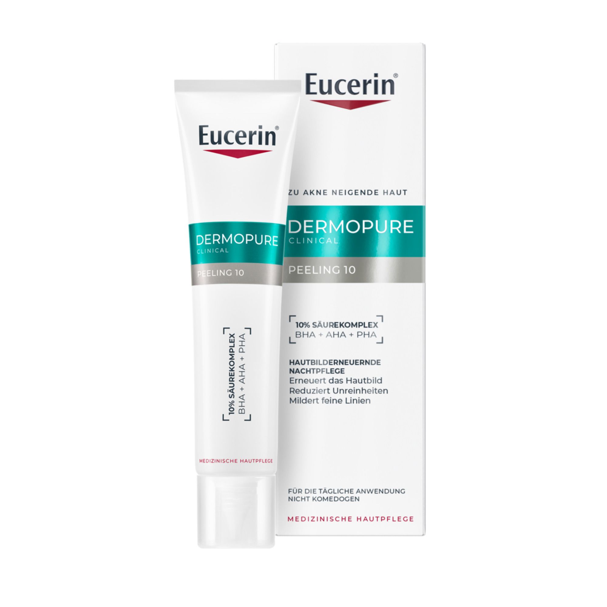 Eucerin Dermopure Peeling 10 und Verpackung. Weißes Produkt mit grünen und weißen Details. Text: Dermopure, Peeling 10.