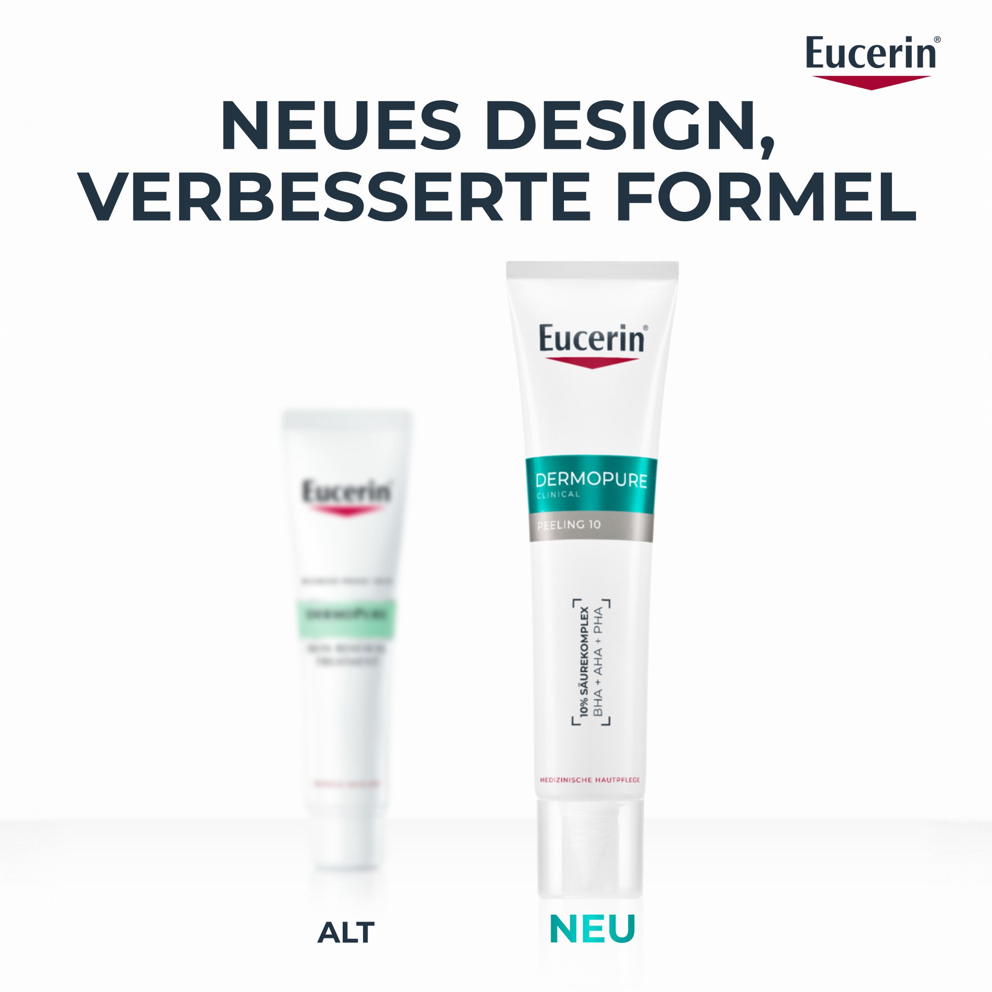 Vergleich von zwei Eucerin Dermopure Peeling 10 Tuben. Links: Alt. Rechts: Neu. Text: Neues Design, verbesserte Formel.