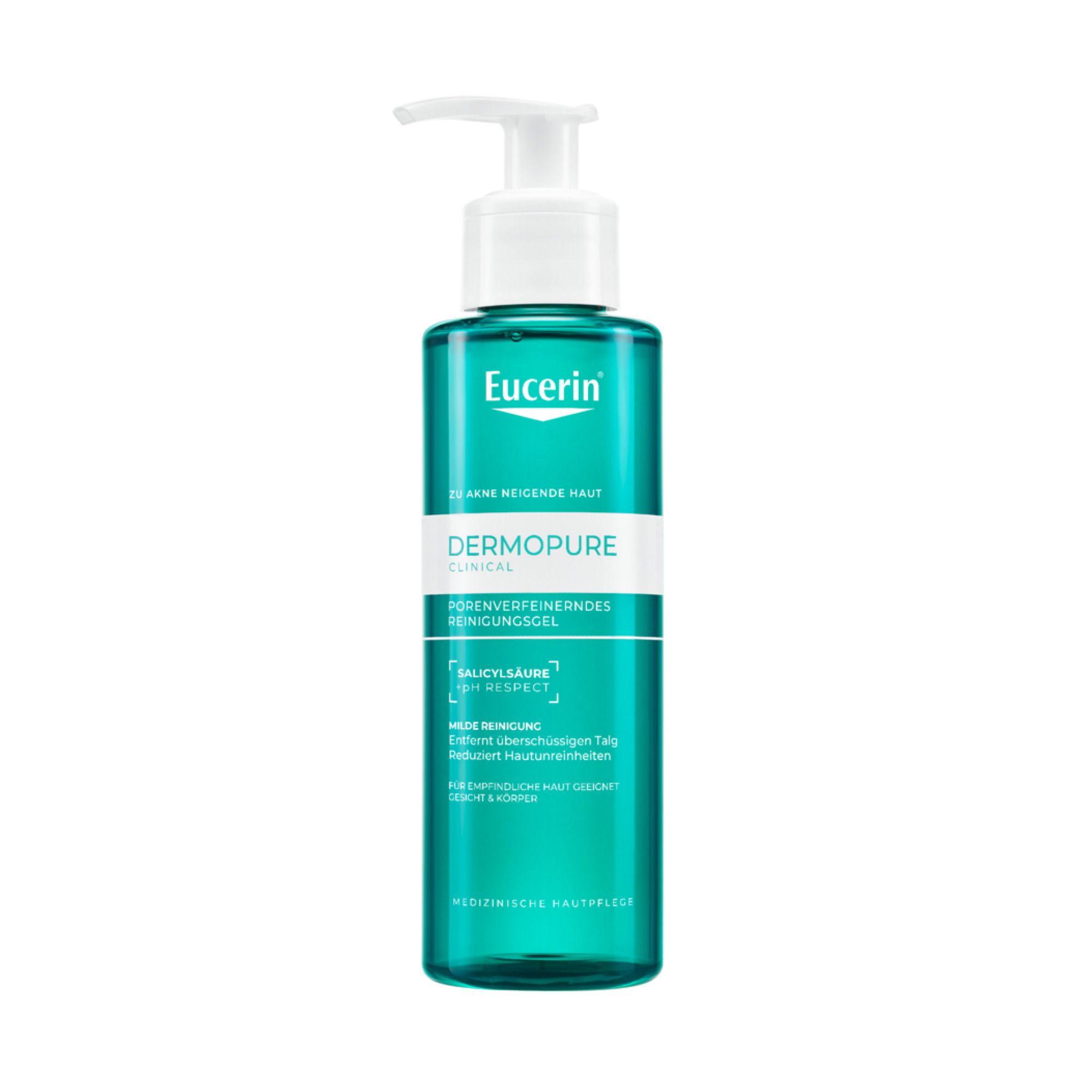 Grüne Flasche mit weißem Pumpkopf. Eucerin-Logo und Produktbezeichnung. Text: DERMOPURE CLINICAL, Porenverfeinerndes Reinigungsgel.