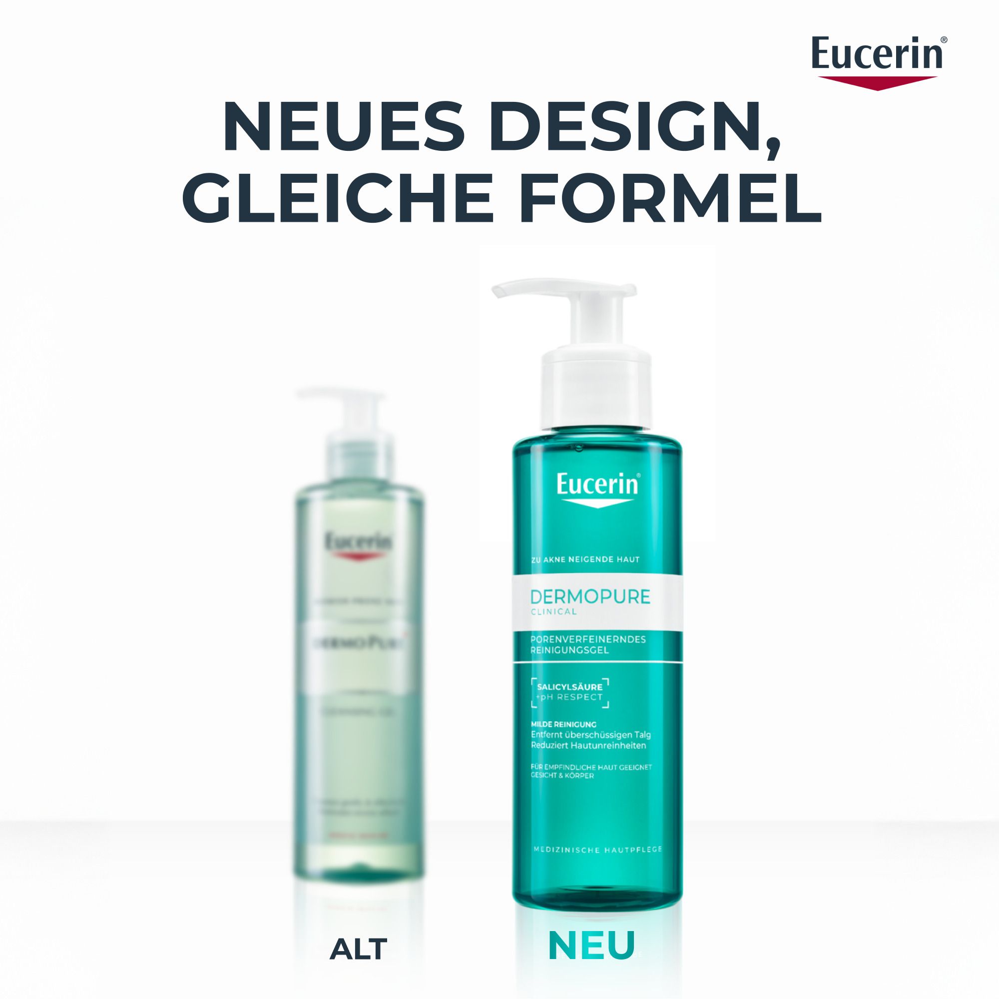 Vergleich von zwei Flaschen. Links: alte Version. Rechts: neue Version. Text: Neues Design, gleiche Formel. Eucerin-Logo.