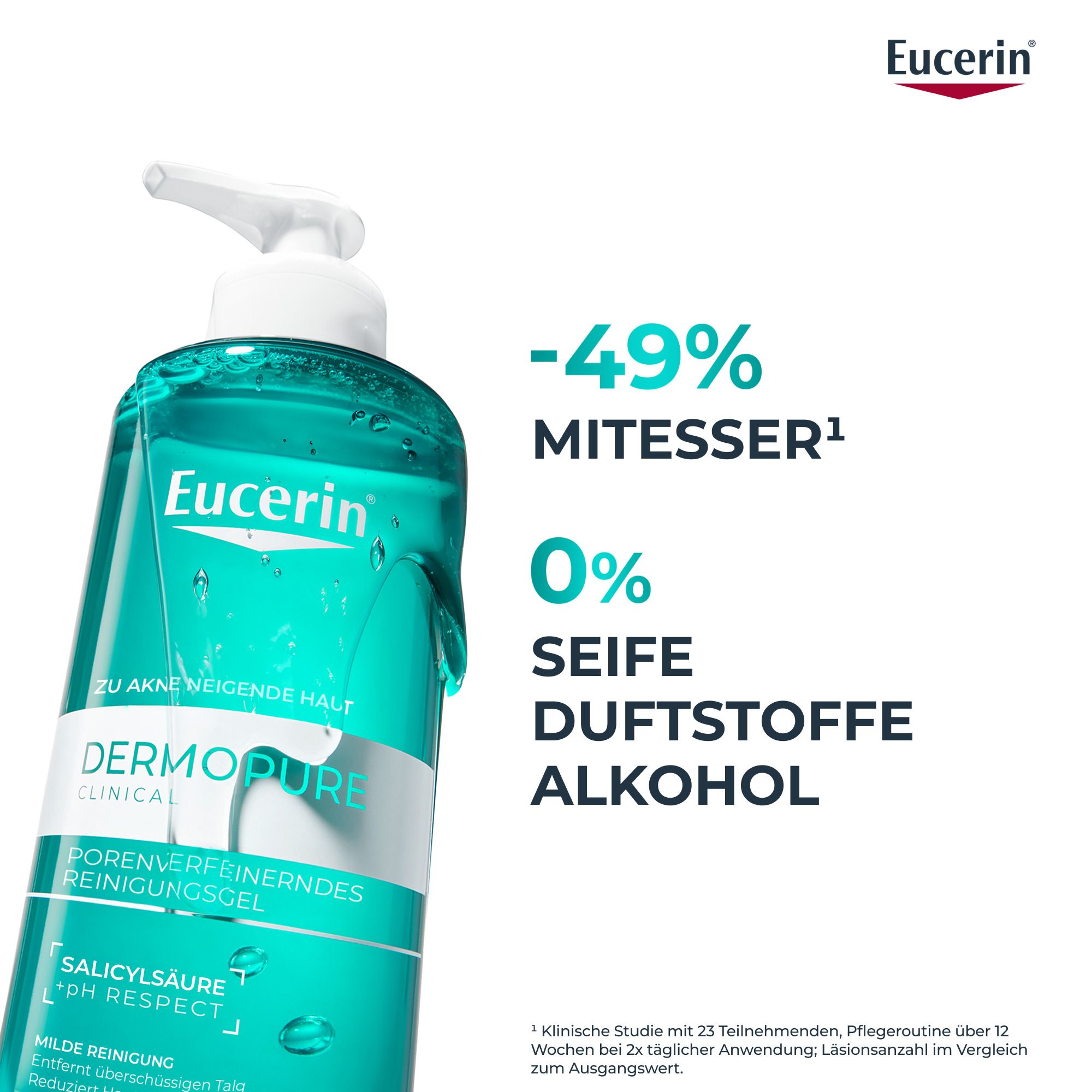 Flasche mit Text und Prozentangaben. Text: -49% Mitesser, 0% Seife, Duftstoffe, Alkohol. Eucerin-Logo.