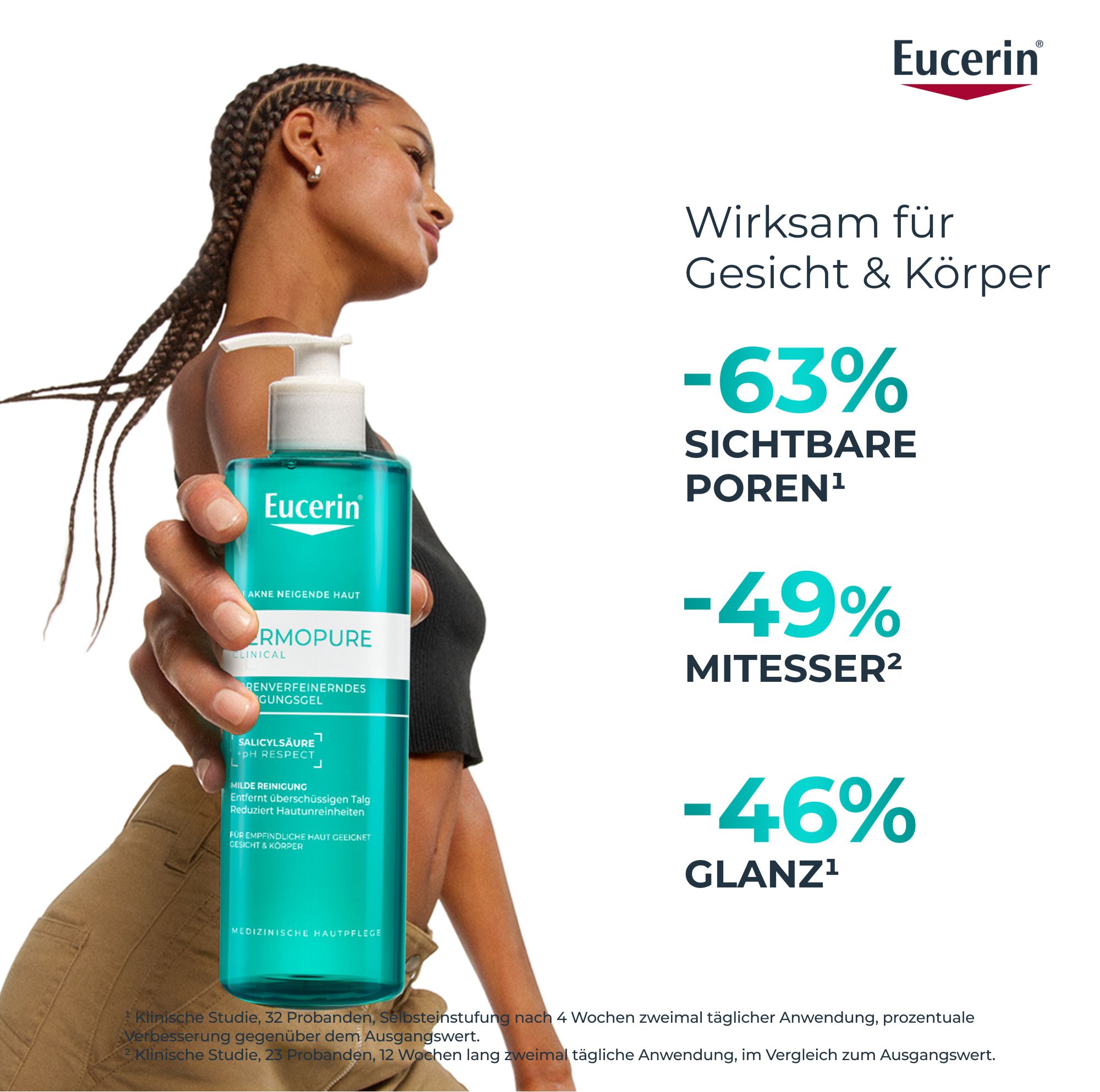 Frau hält Flasche. Text: Wirksam für Gesicht & Körper. -63% sichtbare Poren, -49% Mitesser, -46% Glanz. Eucerin-Logo.