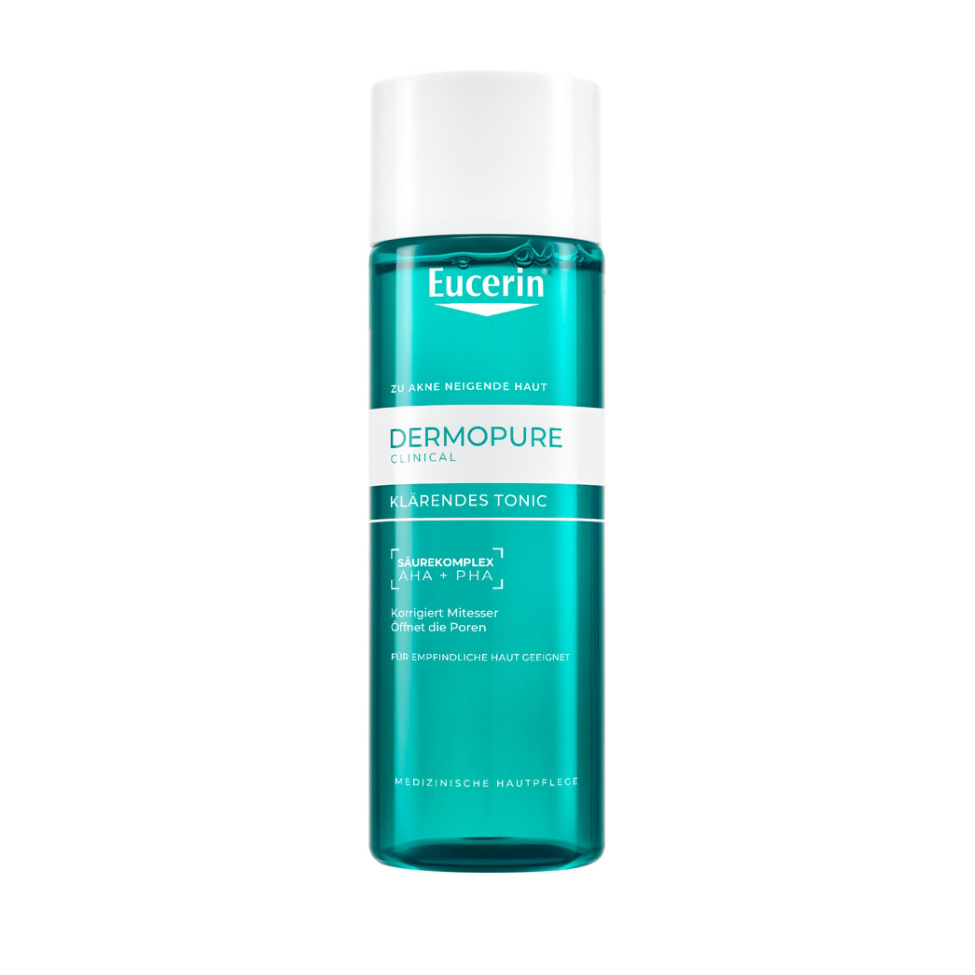 Eucerin DERMOPURE CLINICAL Klärendes Tonic. Flasche mit weißem Deckel und grüner Flüssigkeit.