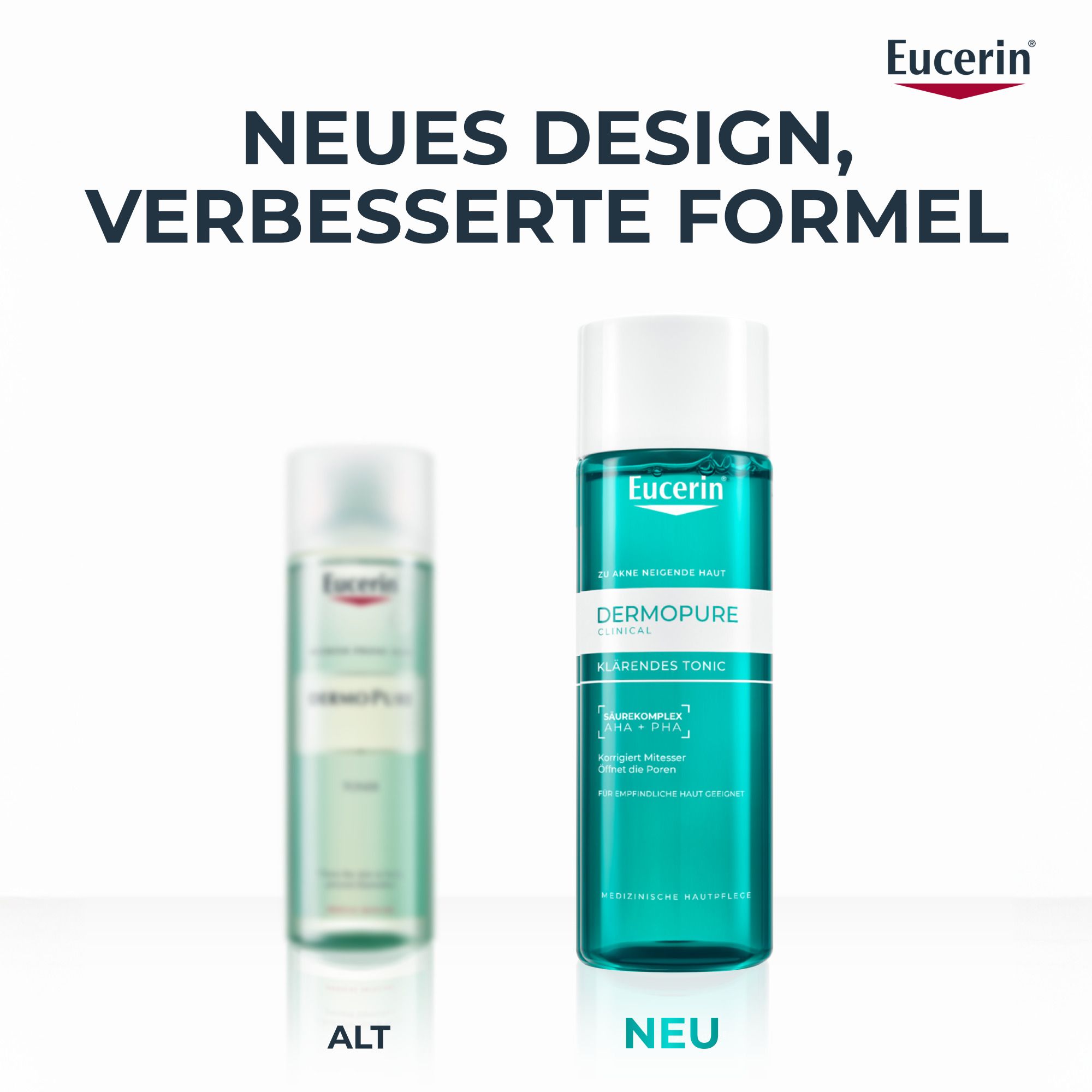 Zwei Flaschen Eucerin DERMOPURE CLINICAL Tonic. Links: alt. Rechts: neu. Text: Neues Design, verbesserte Formel.