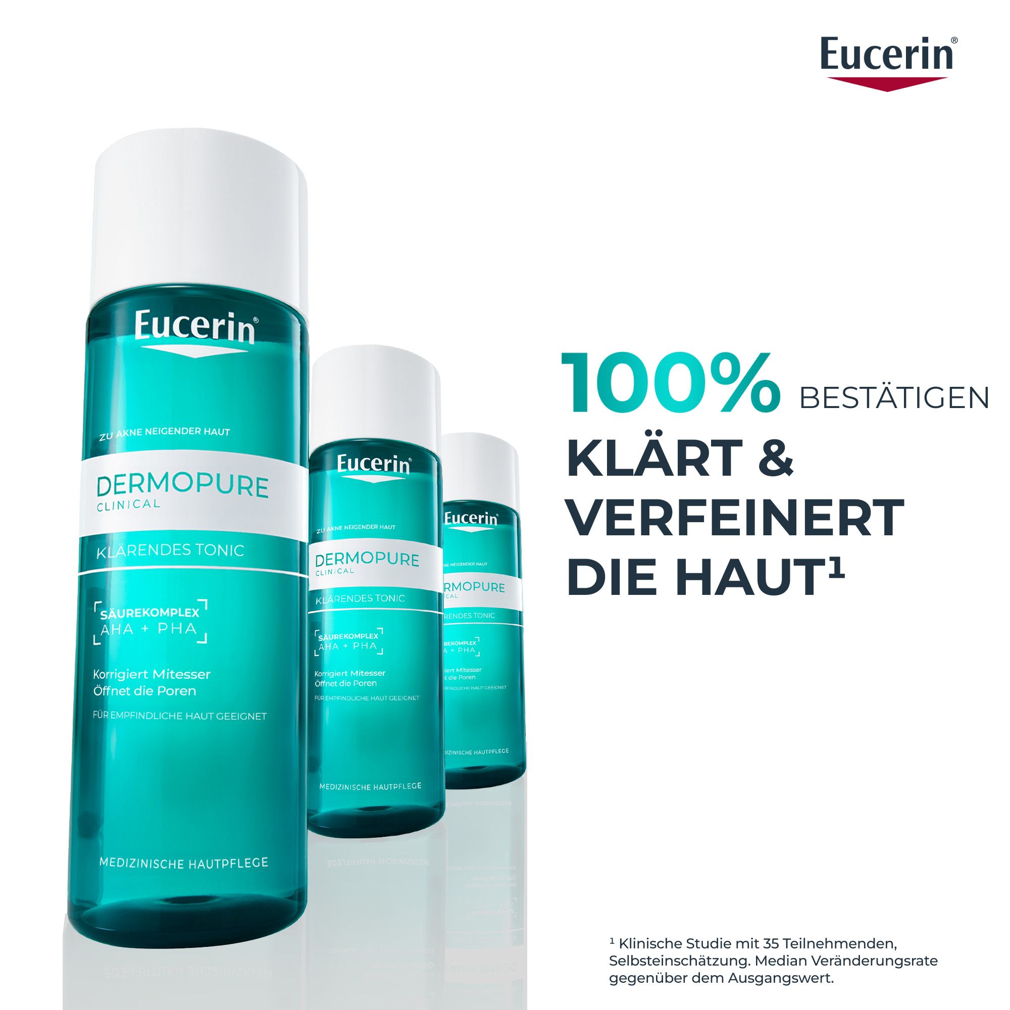 Drei Flaschen Eucerin DERMOPURE CLINICAL Tonic. Text: 100% bestätigen klärt & verfeinert die Haut.