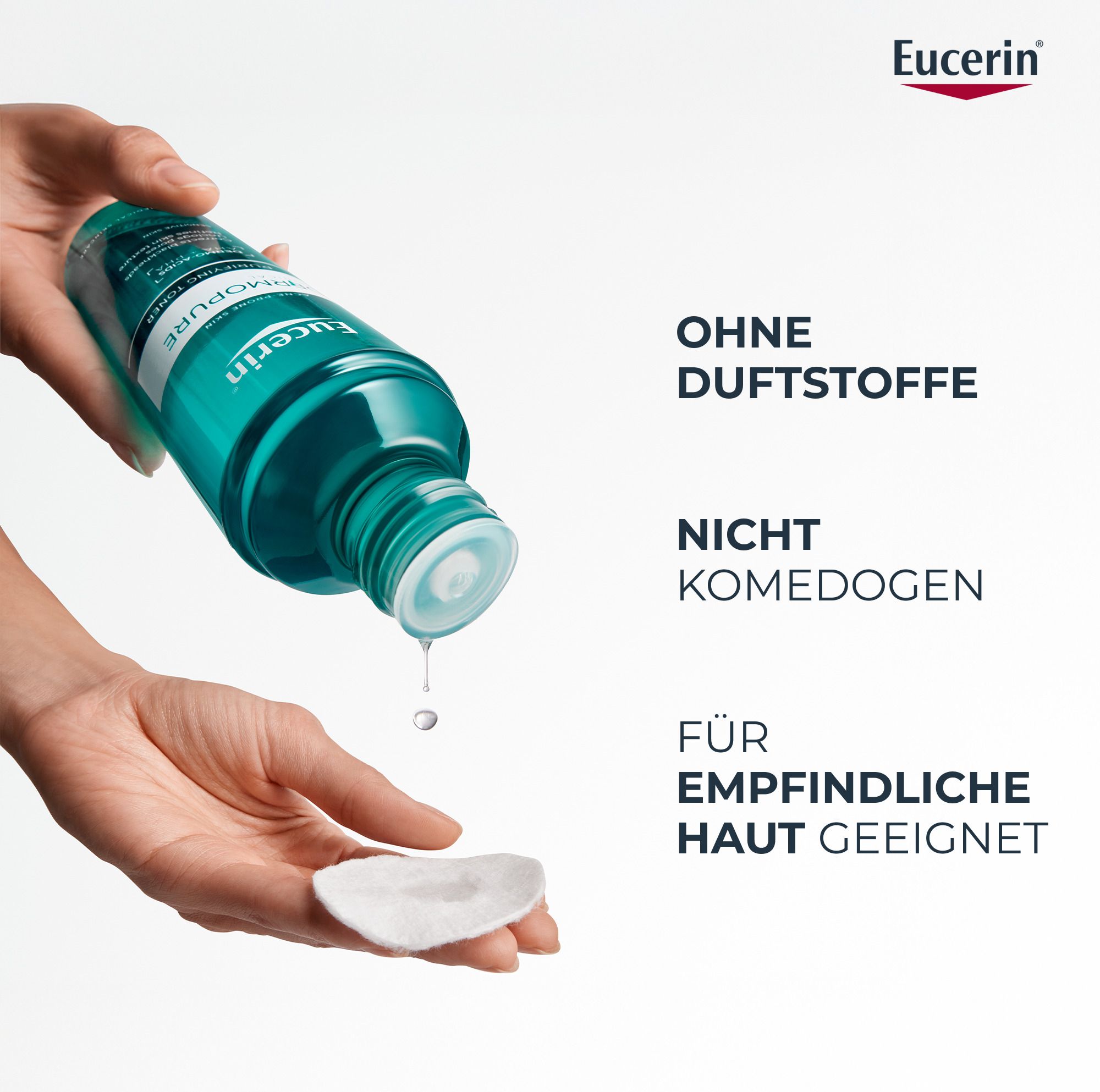 Eucerin DERMOPURE CLINICAL Tonic. Flüssigkeit tropft auf Wattepad. Text: Ohne Duftstoffe, nicht komedogen, für empfindliche Haut.
