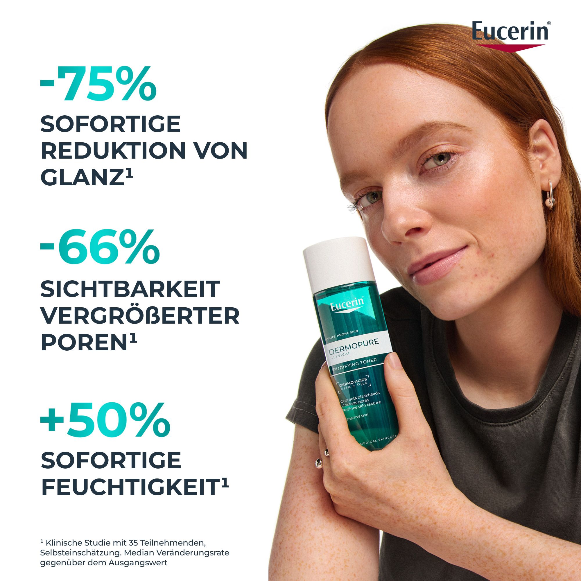 Frau hält Eucerin DERMOPURE CLINICAL Tonic. Text: -75% Glanz, -66% vergrößerte Poren, +50% Feuchtigkeit.
