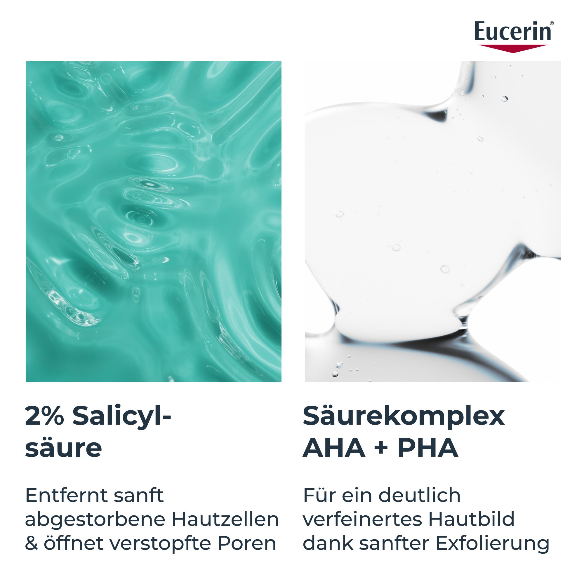 Zwei Bilder. Links: 2% Salicylsäure. Rechts: Säurekomplex AHA + PHA. Text: Für ein deutlich verfeinertes Hautbild.