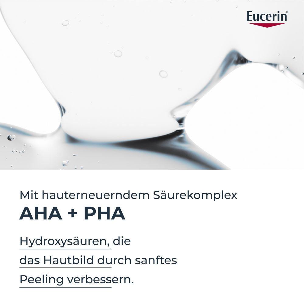 Nahaufnahme von AHA + PHA. Text: Hydroxysäuren, die das Hautbild durch sanftes Peeling verbessern.