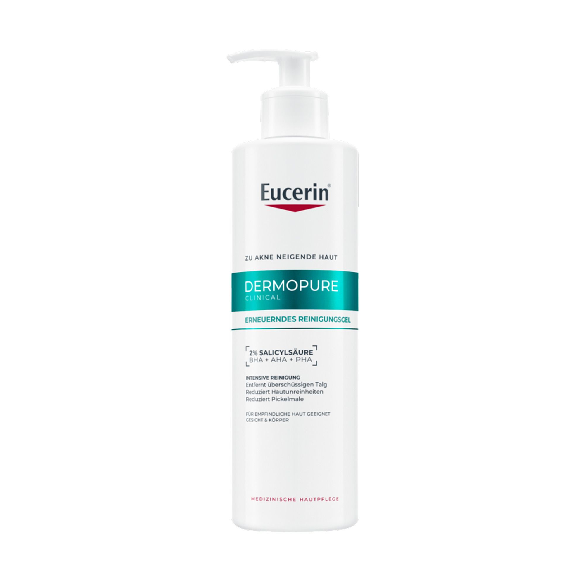 Eucerin DERMOPURE CLINICAL Reinigungsgel. Weiße Flasche mit Pumpe. Türkis-weiße Etikett mit Produktinformationen.