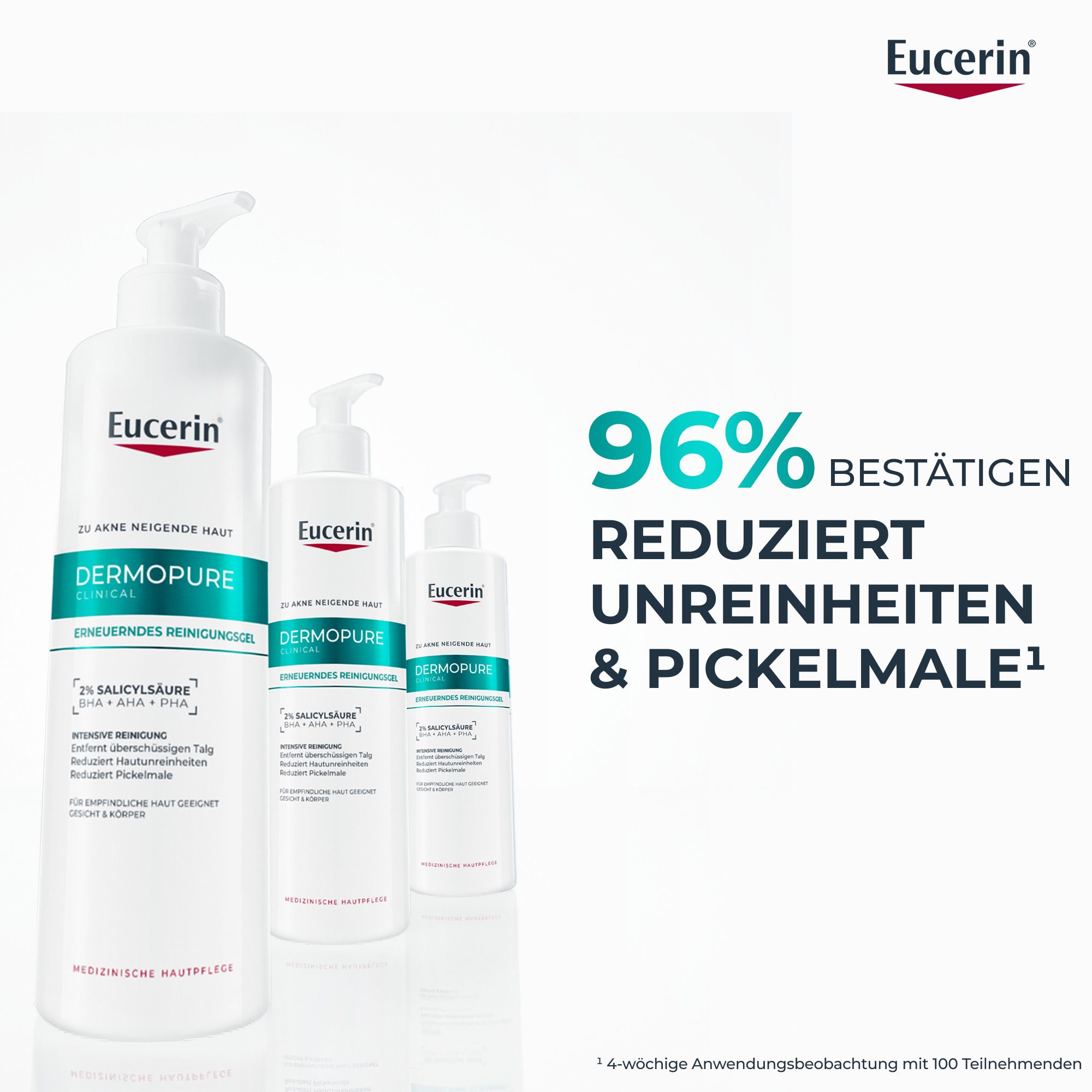 Drei Flaschen Eucerin DERMOPURE CLINICAL Reinigungsgel. Text: 96% bestätigen Reduzierung von Unreinheiten & Pickelmalen.