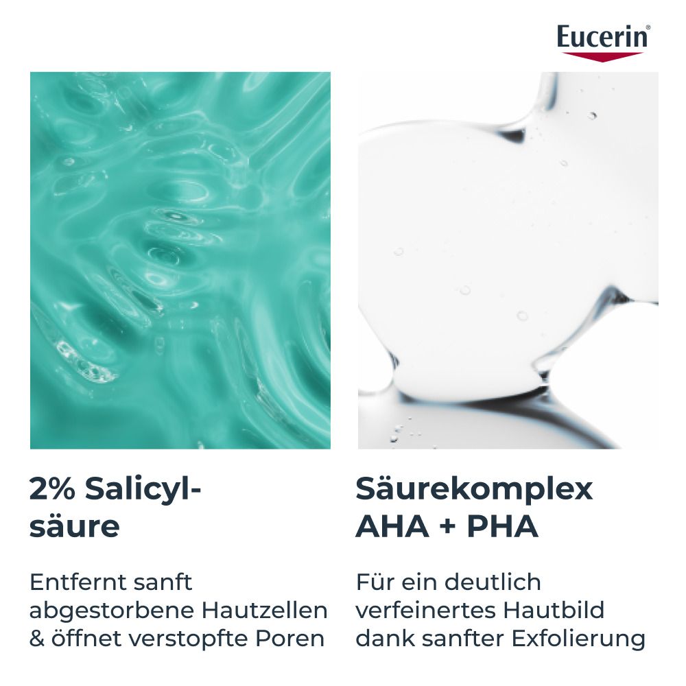 Zwei Bilder: 2% Salicylsäure und Säurekomplex AHA + PHA. Text: Entfernt sanft Hautzellen, öffnet Poren, verfeinert Hautbild.