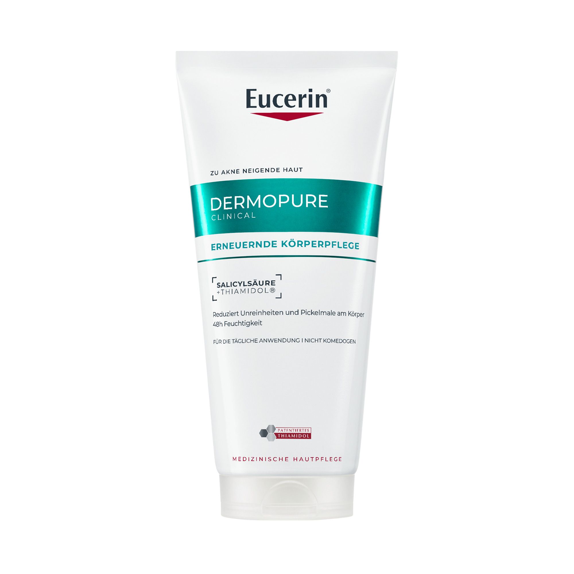 Weiße Tube mit grünem Streifen. Eucerin-Logo. Text: DERMOPURE CLINICAL, Erneuernde Körperpflege. Salicylsäure + Thiamidol.