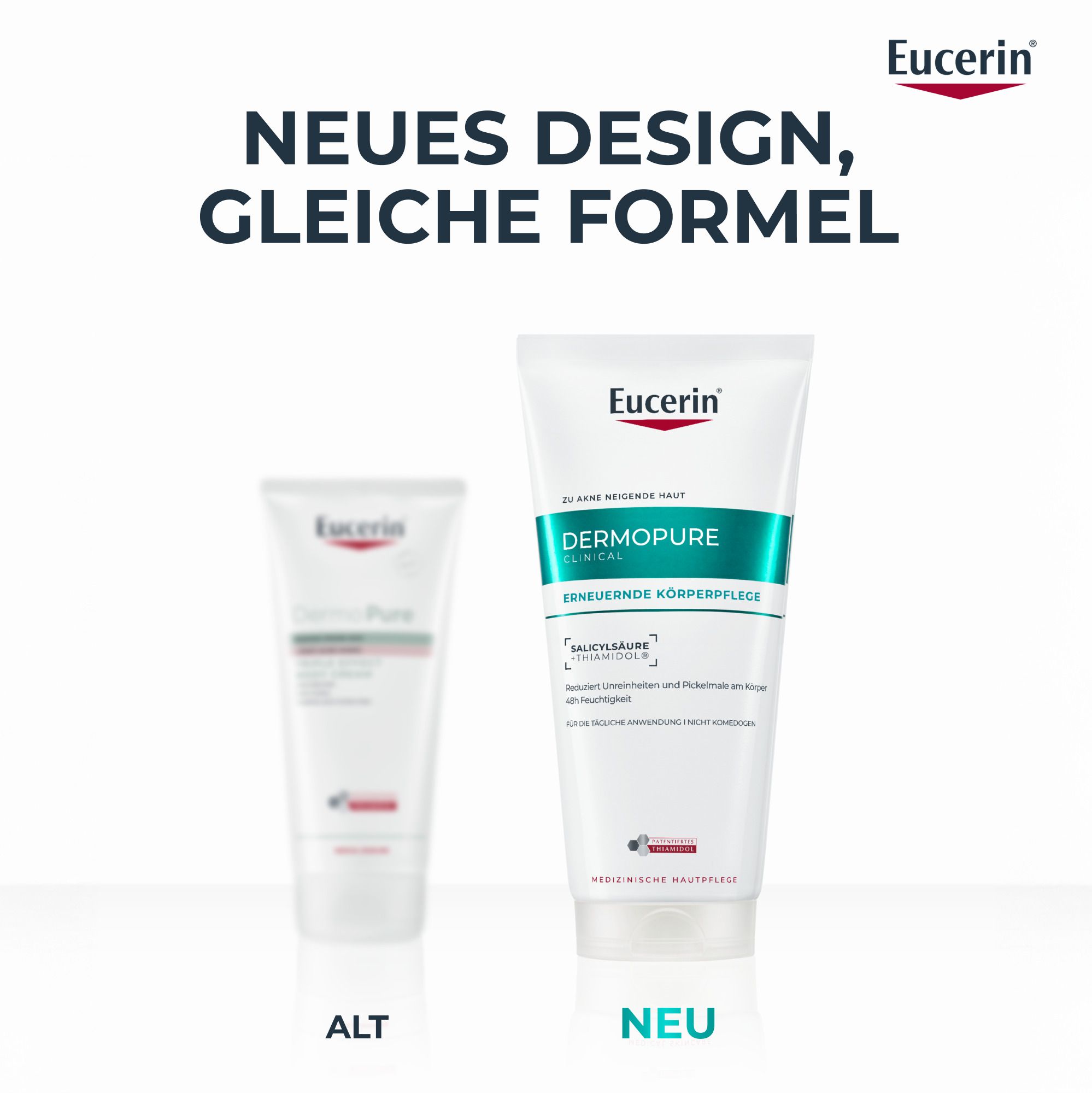 Zwei Tuben. Links: älteres Design. Rechts: neues Design. Text: NEUES DESIGN, GLEICHE FORMEL. Eucerin-Logo.