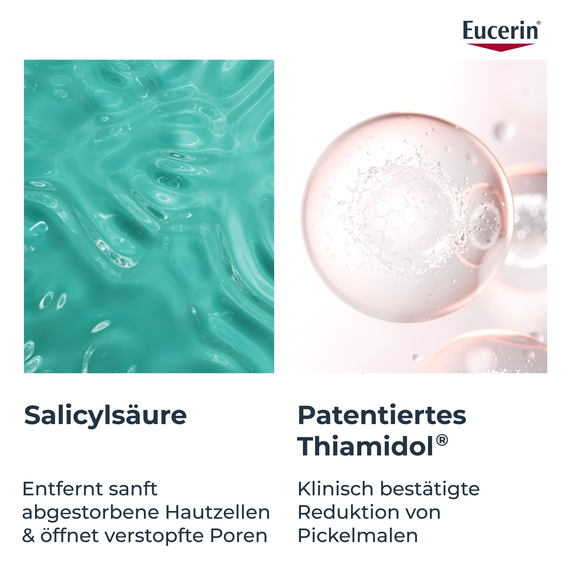 Zwei Bilder. Links: Salicylsäure. Rechts: Patentiertes Thiamidol®. Text über Wirkstoffen. Eucerin-Logo.